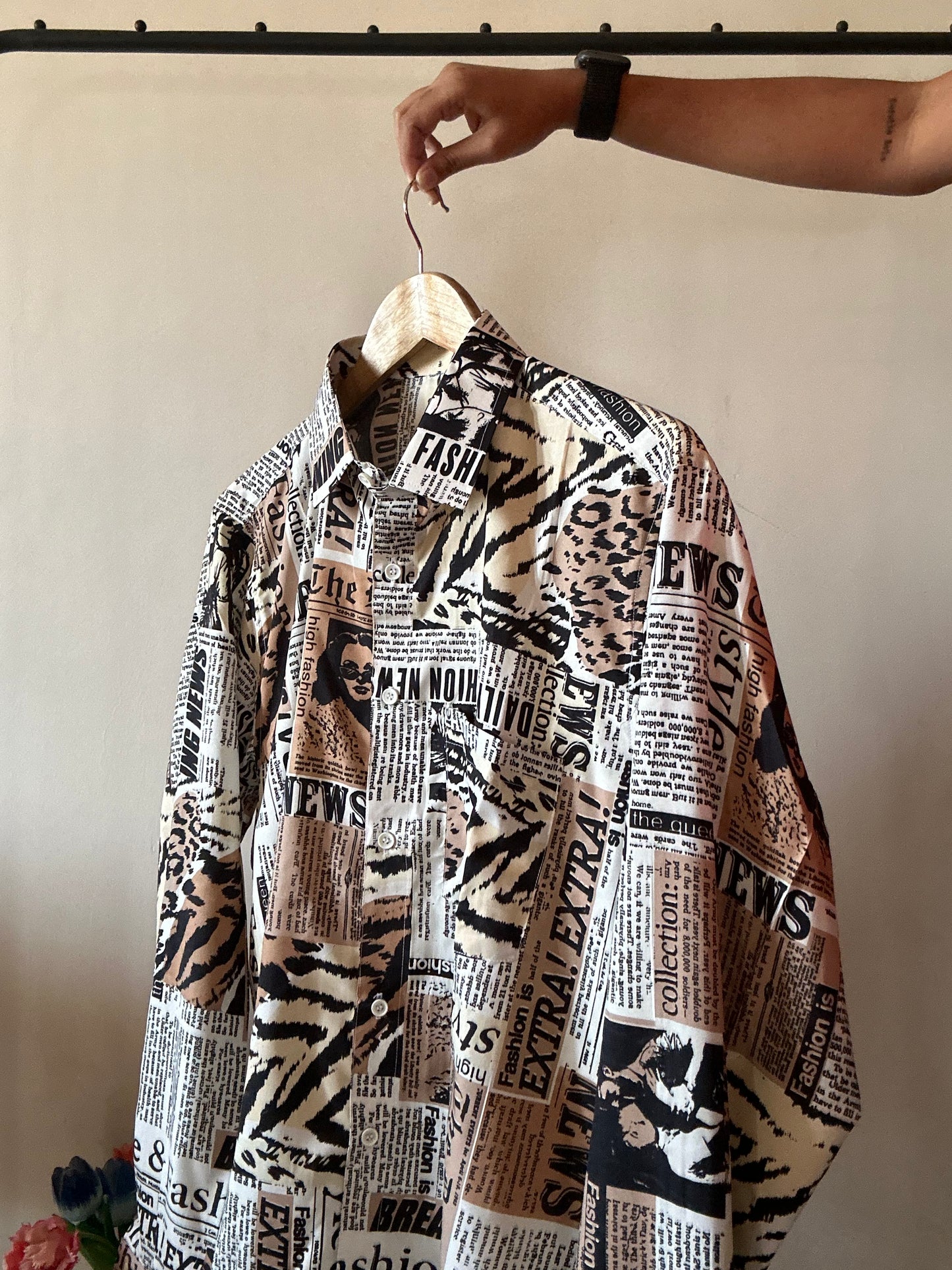Madam Newspaper Retro Print Satin Shirt