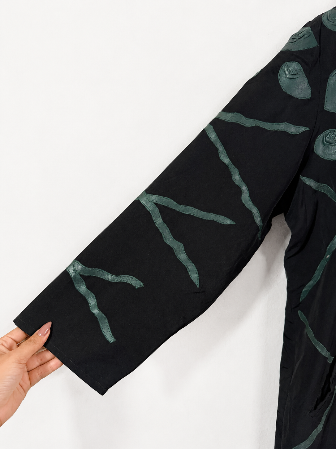 Vintage Black Handcrafted Leaf Appliqué Long Jacket