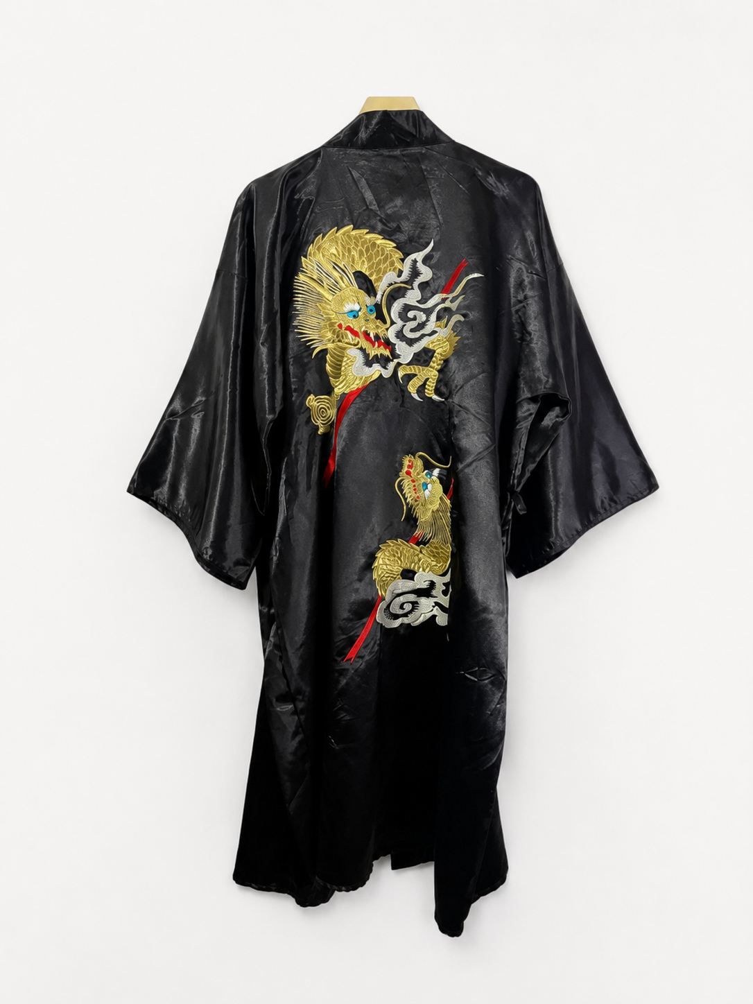 Vintage Black Dragon Embroidered Silk Kimono
