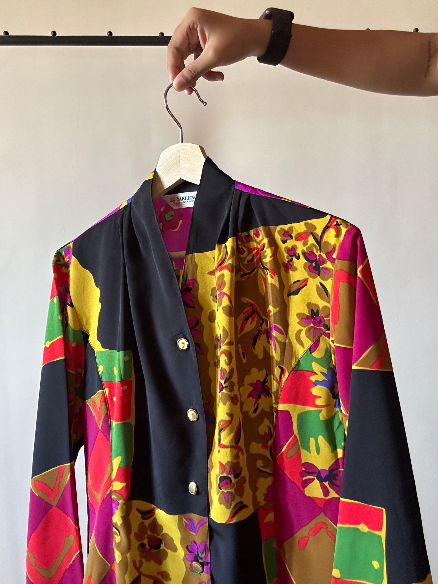 Vintage Yakleng Abstract Print Shirt With Antique Metal Buttons