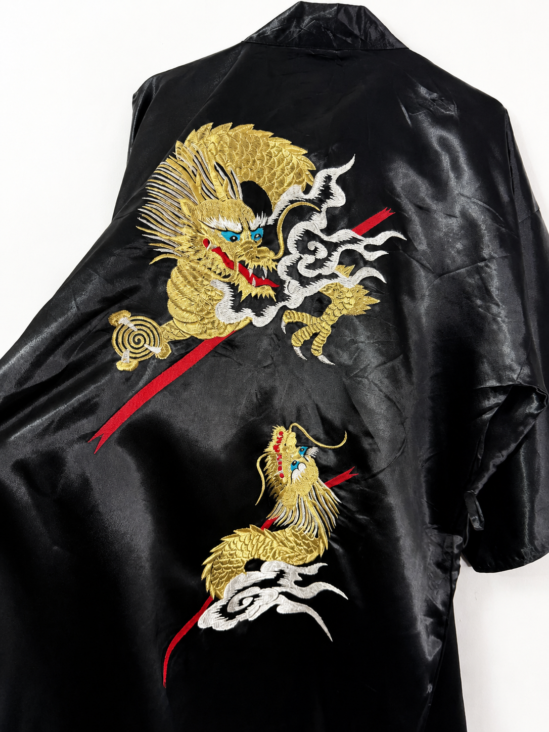 Vintage Black Dragon Embroidered Silk Kimono