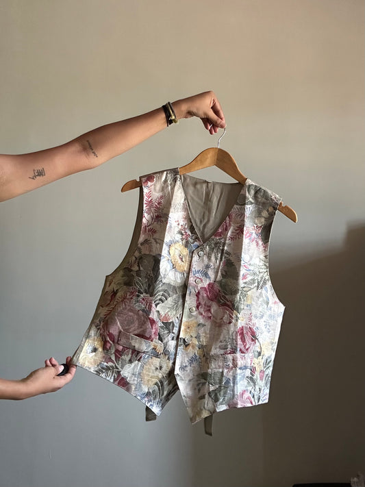 Vintage Textured and Water Colour Print Floral Vest