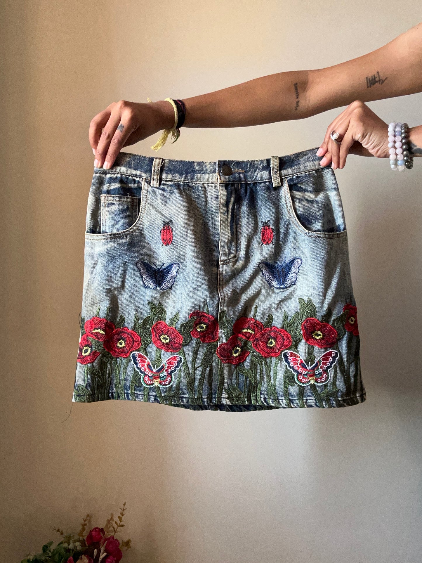 All Embroidered Denim Skirt