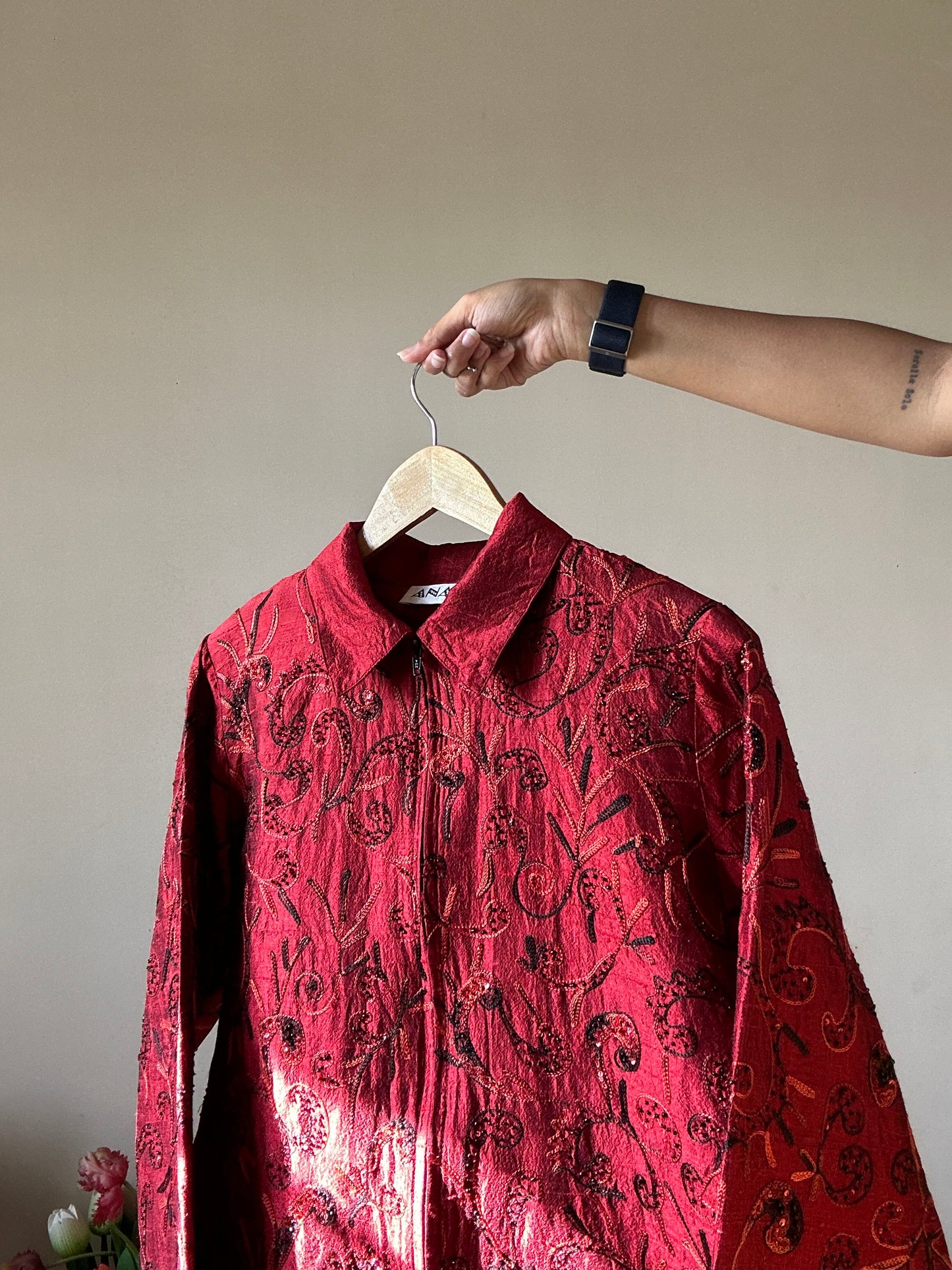 Anage Vintage Silk All Over Thread And Bead Embroidery Shaket With Front Zipper Opening