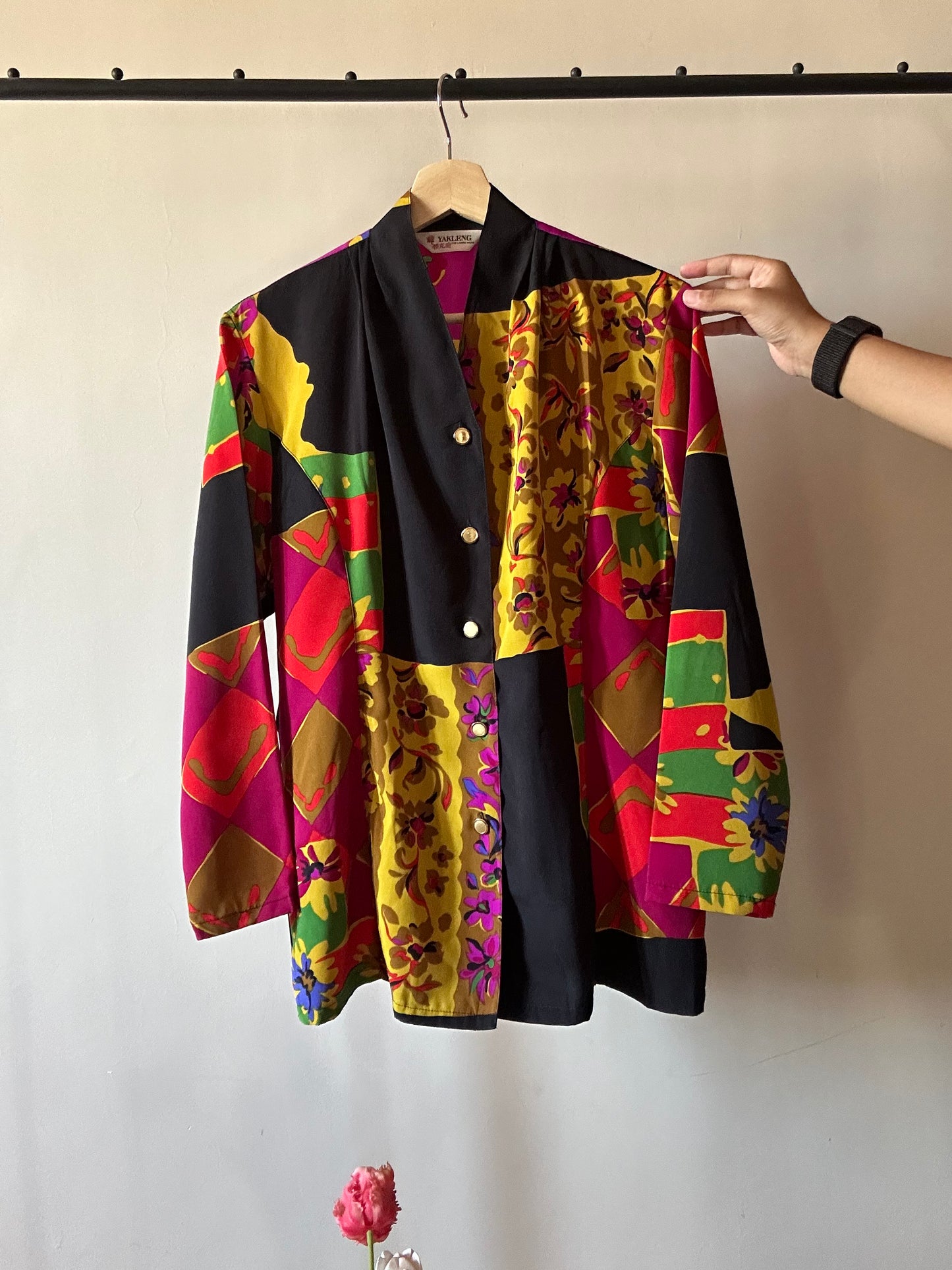 Vintage Yakleng Abstract Print Shirt With Antique Metal Buttons