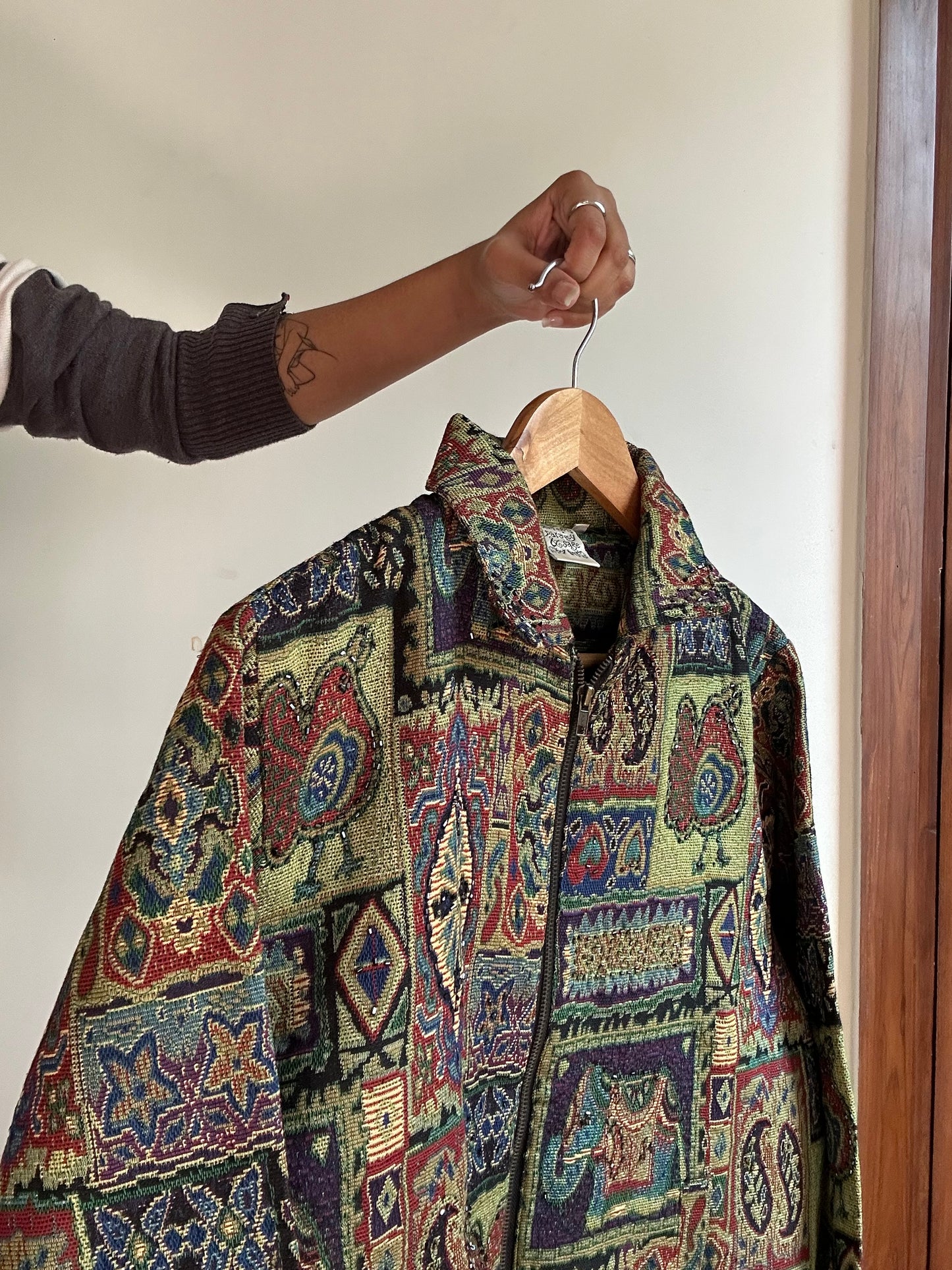 Vintage Parsley and Sage Weaved Jacquard Beaded Jacket