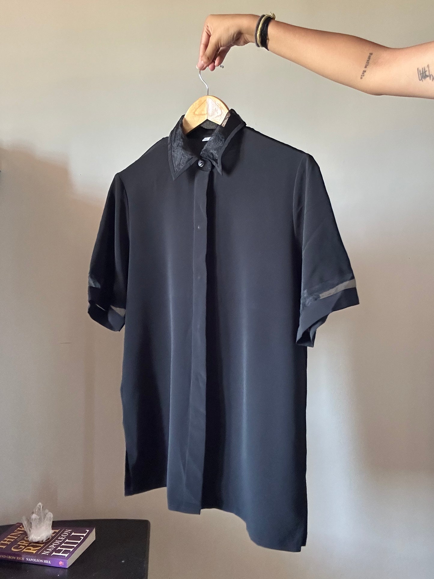 Vintage Black Shirt With Organza Sleeve and Collar Details