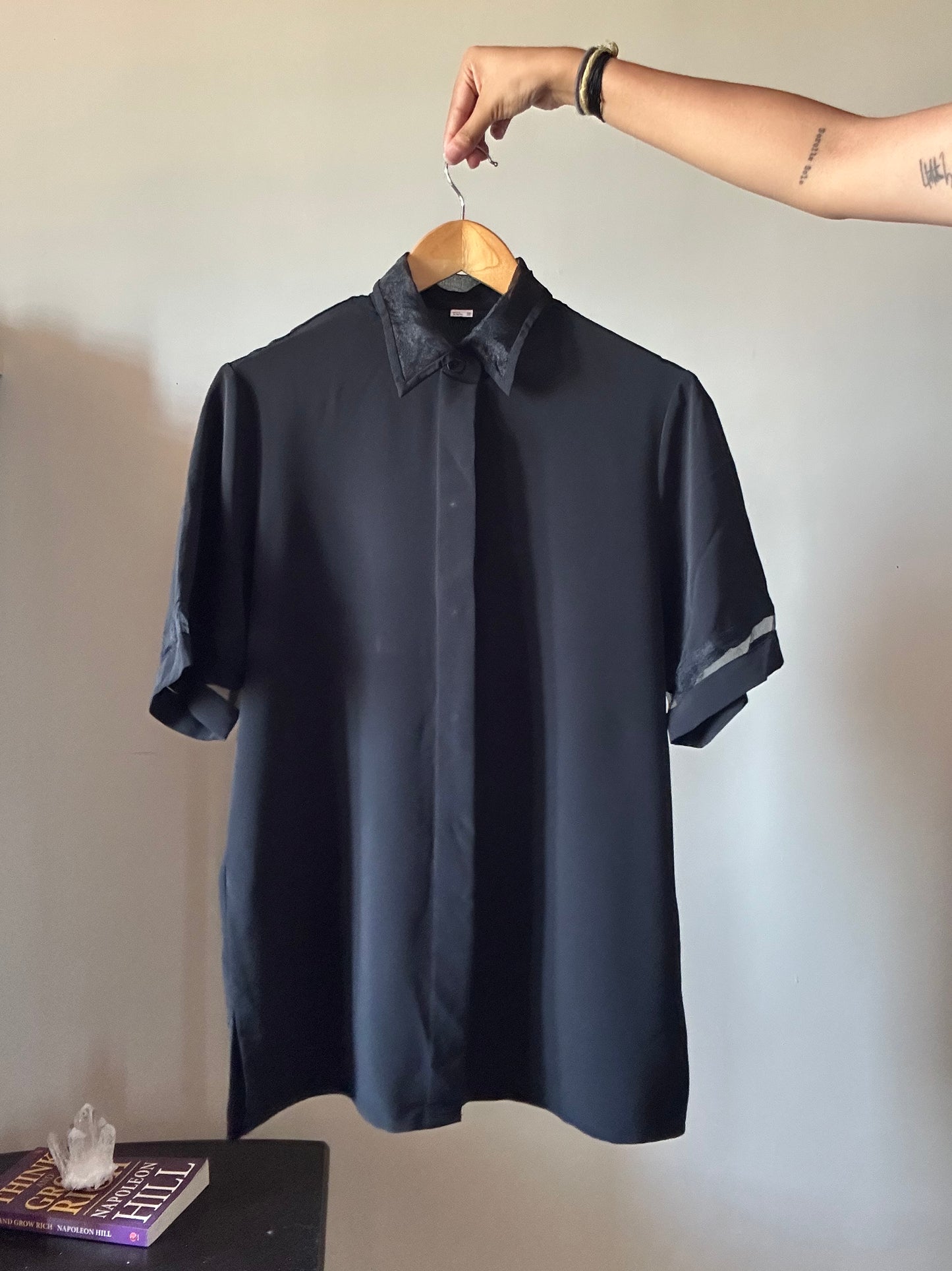 Vintage Black Shirt With Organza Sleeve and Collar Details