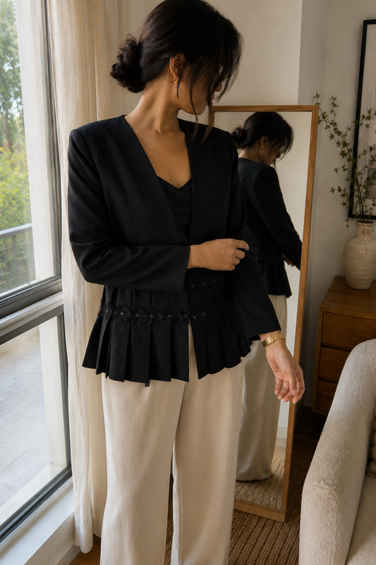 Nina Massini Vintage Black Embellished Pleated Blazer