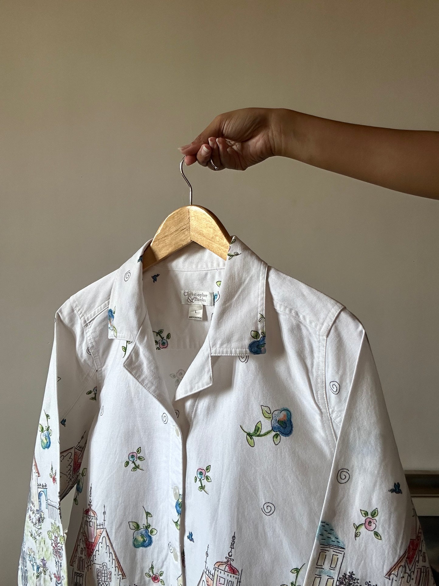Christopher & Banks Vintage Hand Sketch City Print Denim Shirt