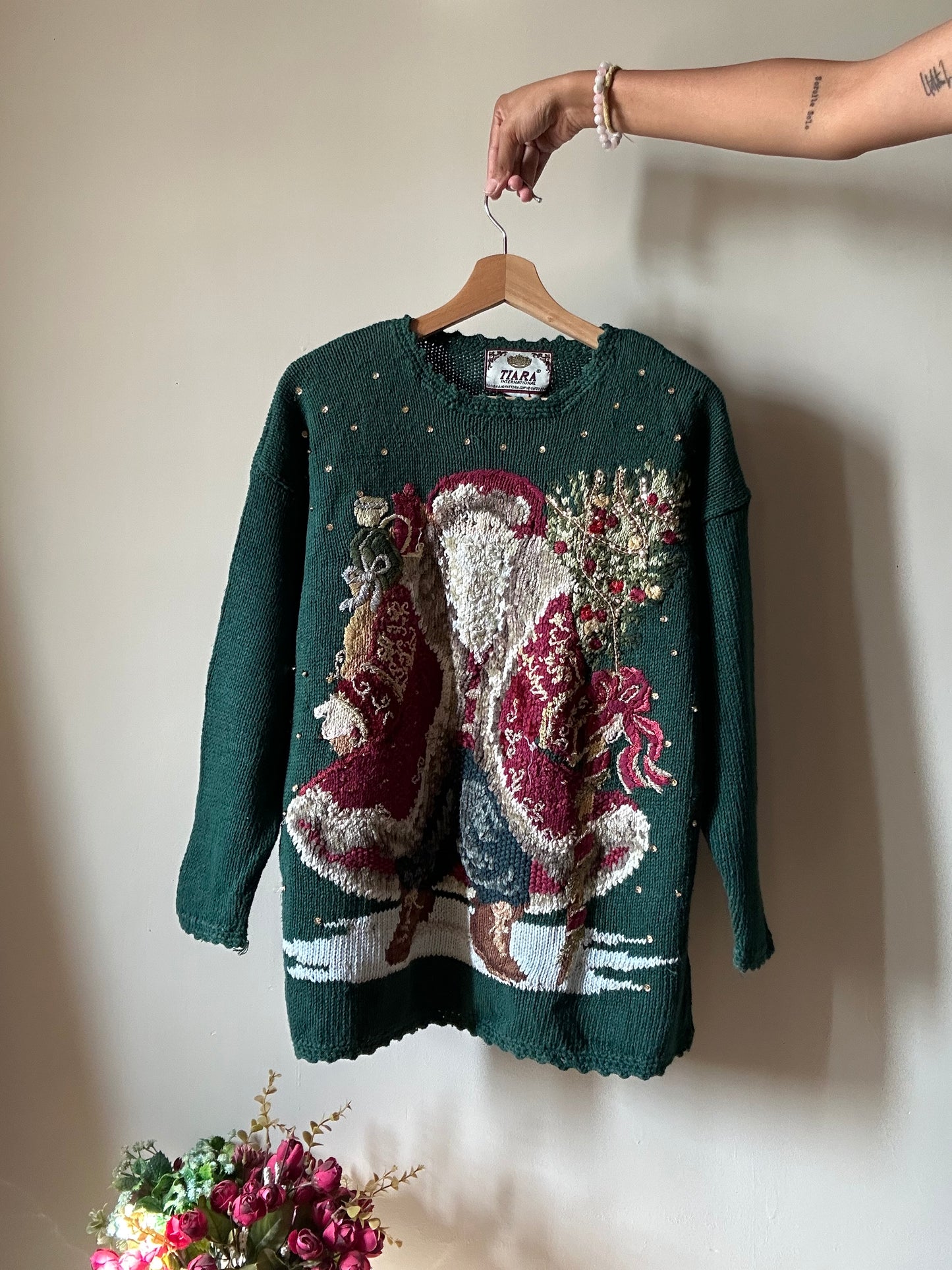 Tiara Vintage Santa Beaded and Embroidered Pullover