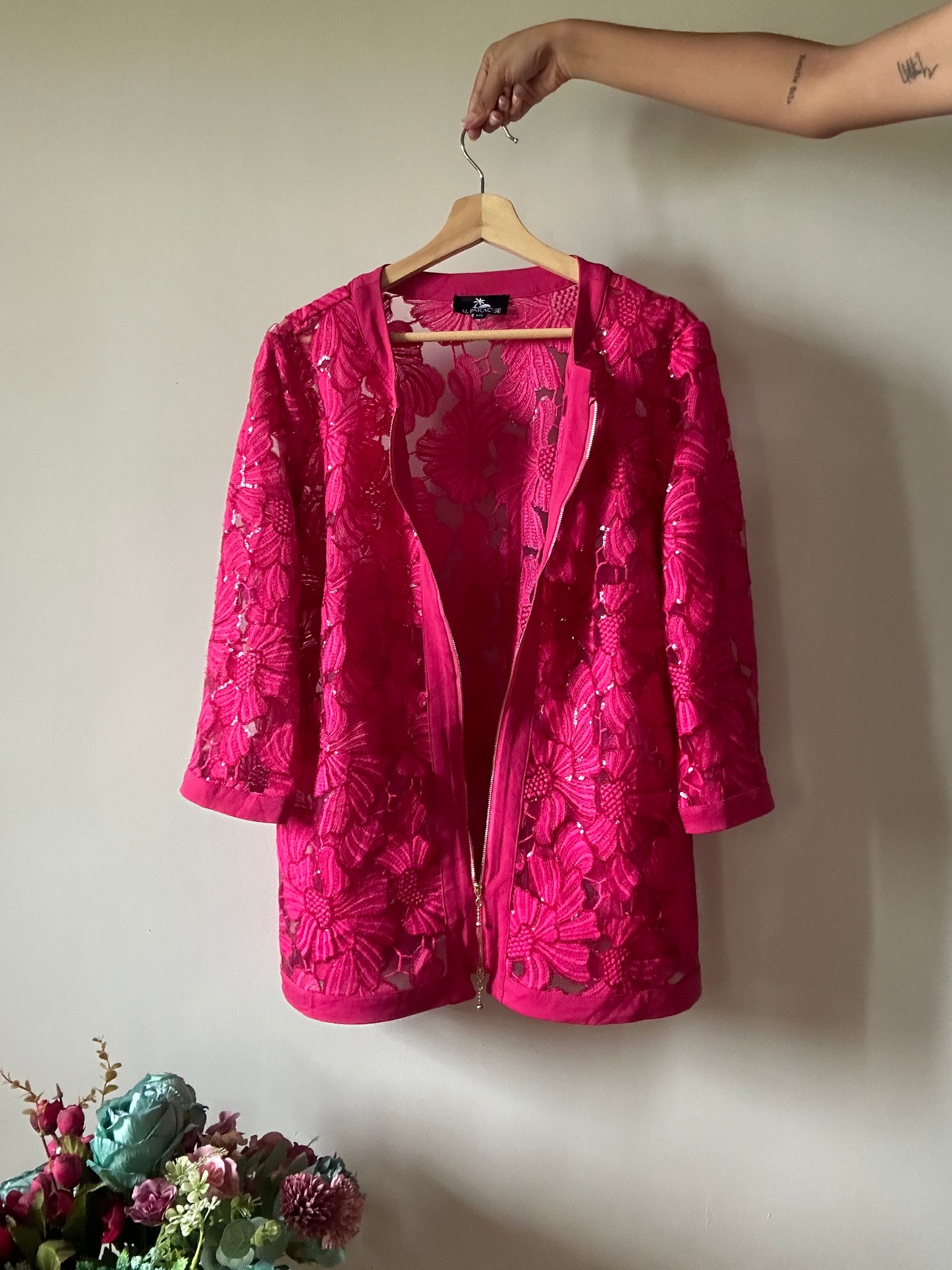 Al Paradise Vintage Zipper All Over Embroidered and Sequenced Sheer Shaket