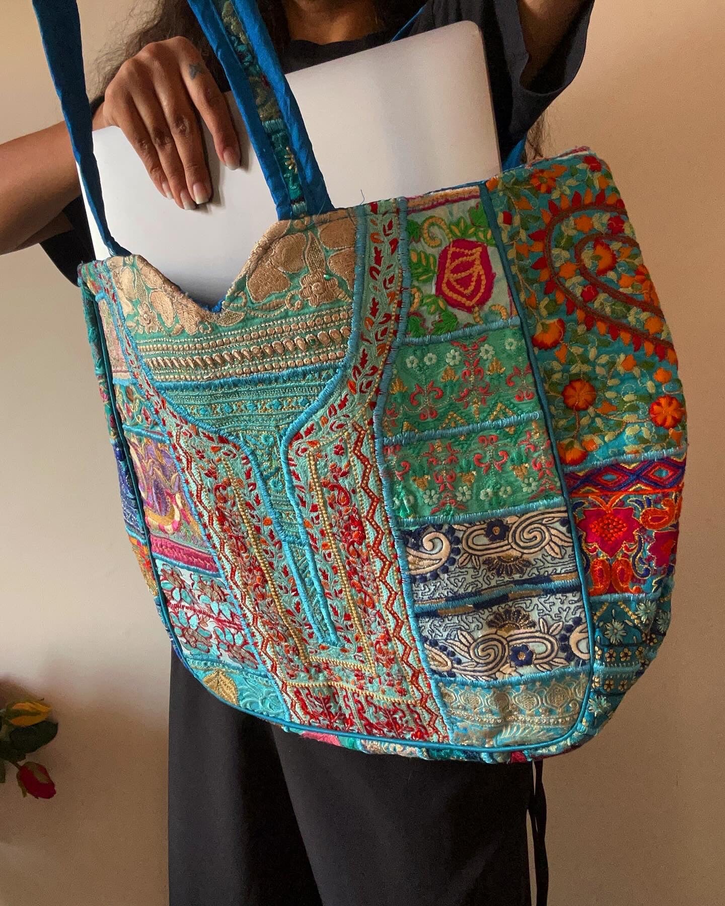 Blue Patch Work Large Tote Bag