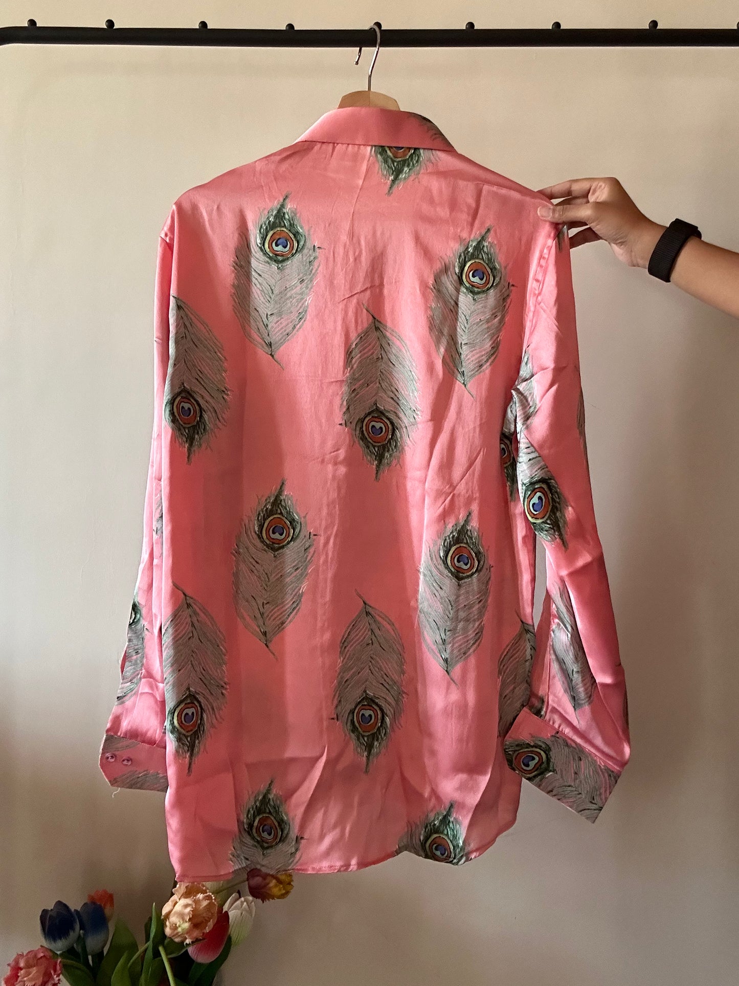 Peacock Feather Print Satin Shirt
