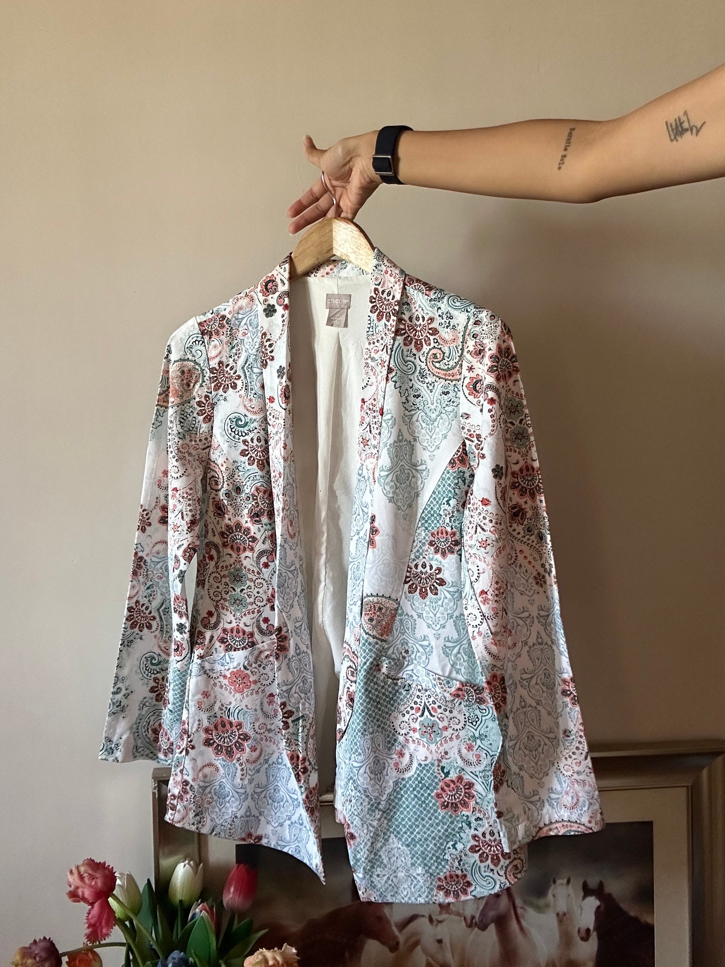 Vintage Chico’s Printed Open Front Shaket