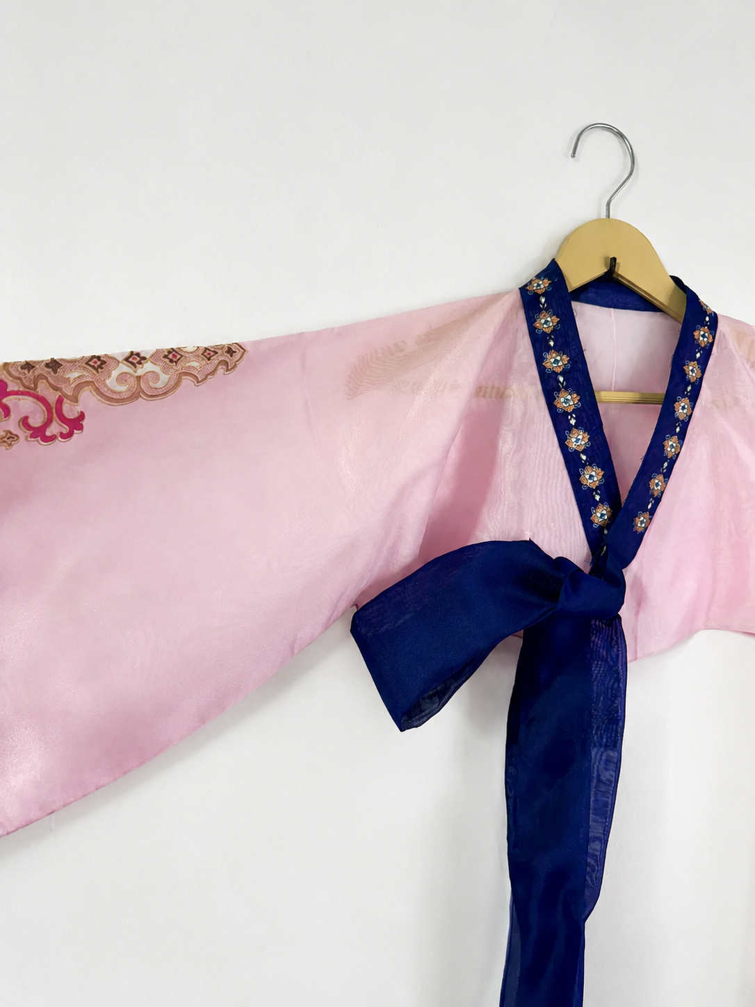 Blush Pink Korean-Inspired Embroidered Silk Wrap Top
