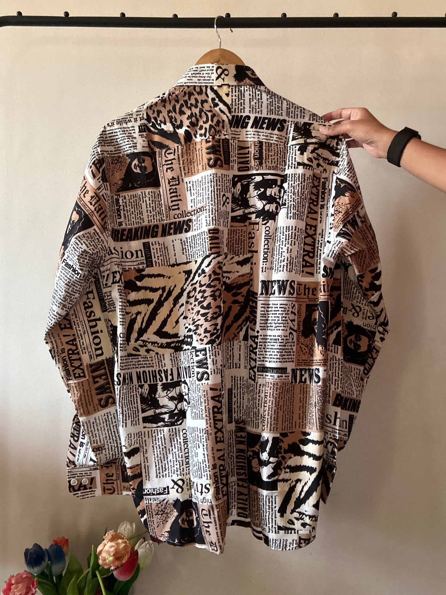 Madam Newspaper Retro Print Satin Shirt