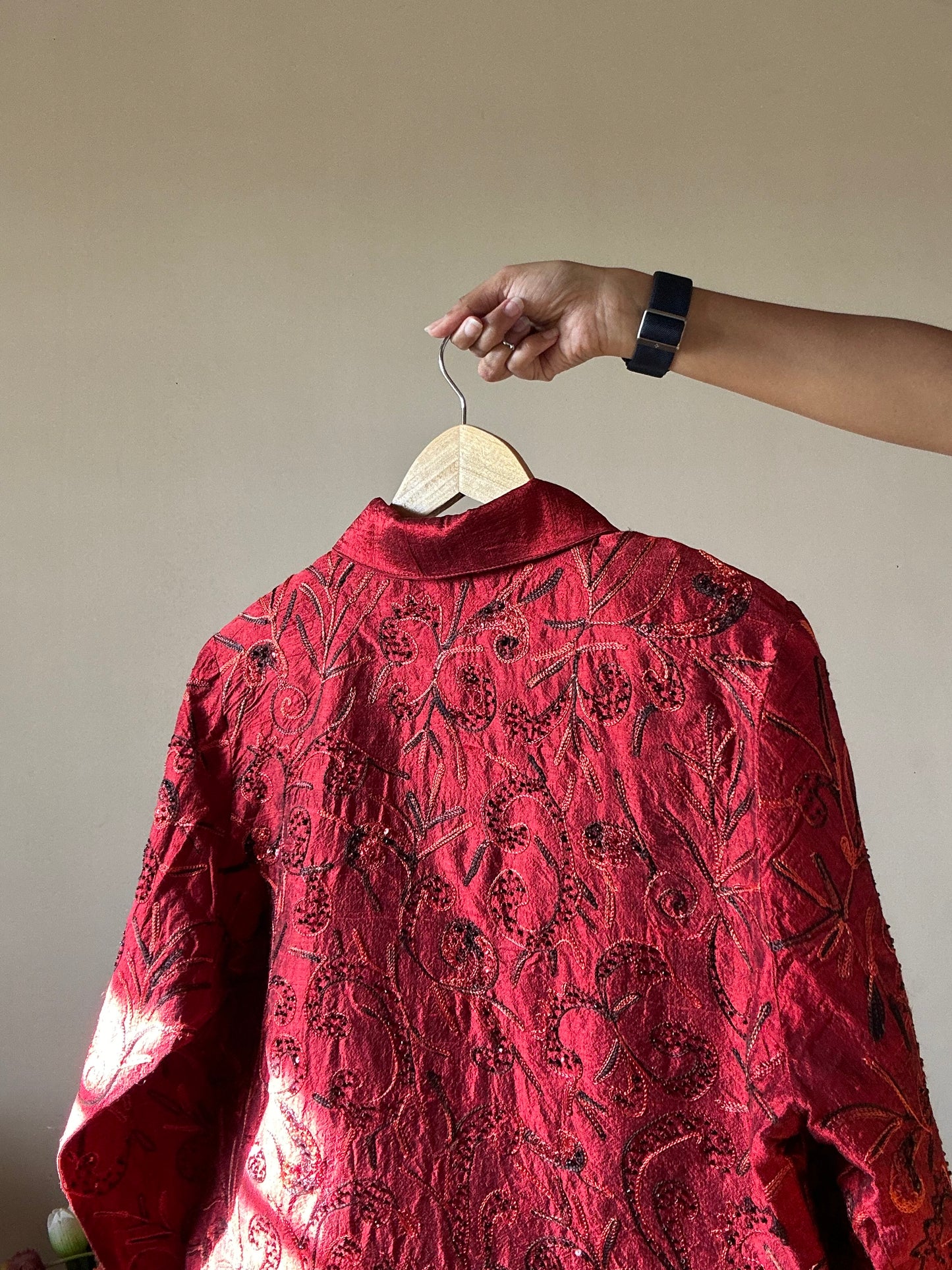 Anage Vintage Silk All Over Thread And Bead Embroidery Shaket With Front Zipper Opening