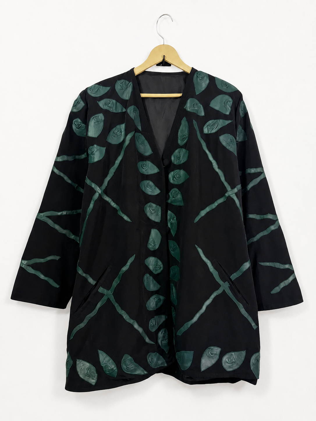 Vintage Black Handcrafted Leaf Appliqué Long Jacket