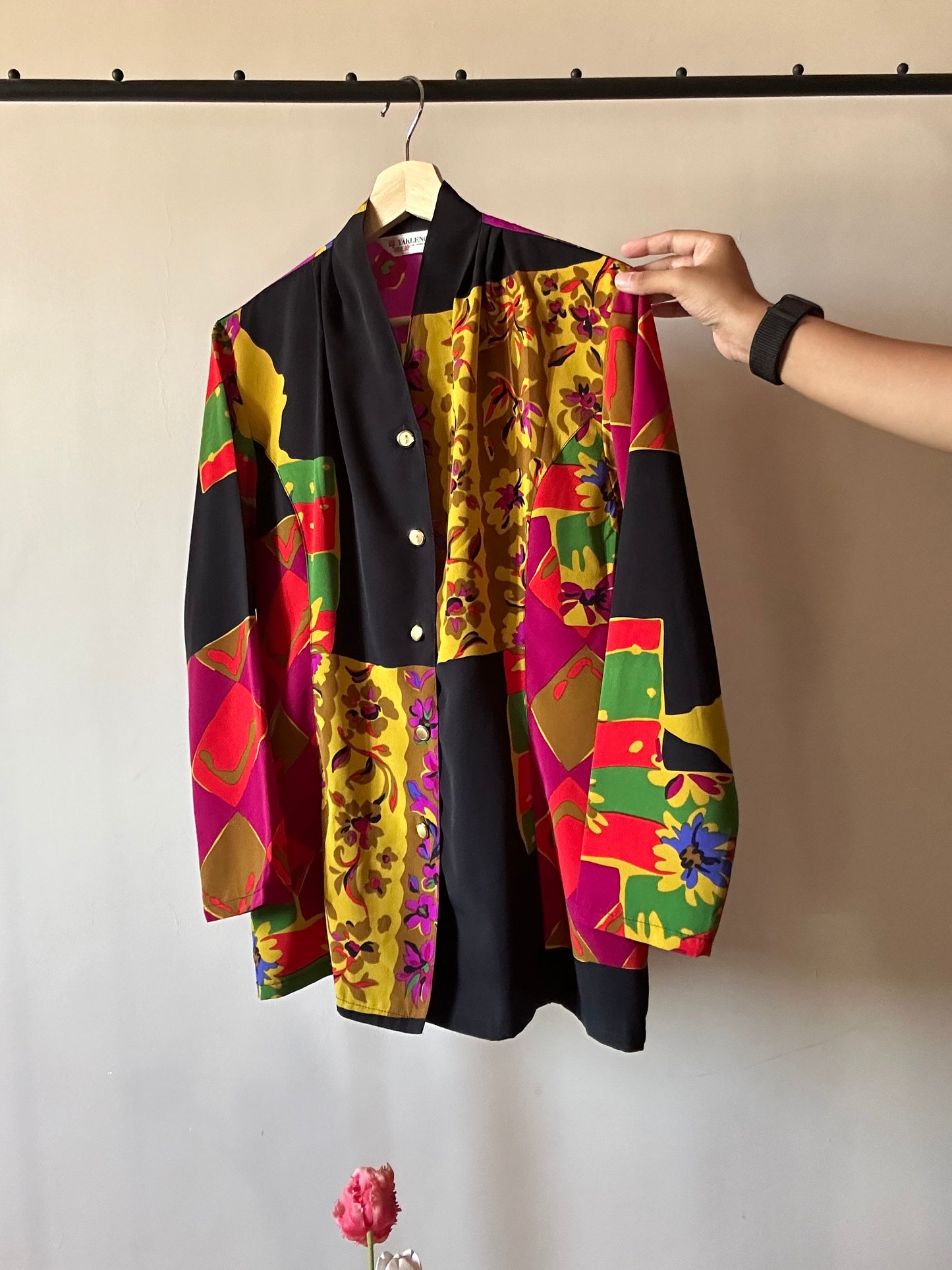Vintage Yakleng Abstract Print Shirt With Antique Metal Buttons