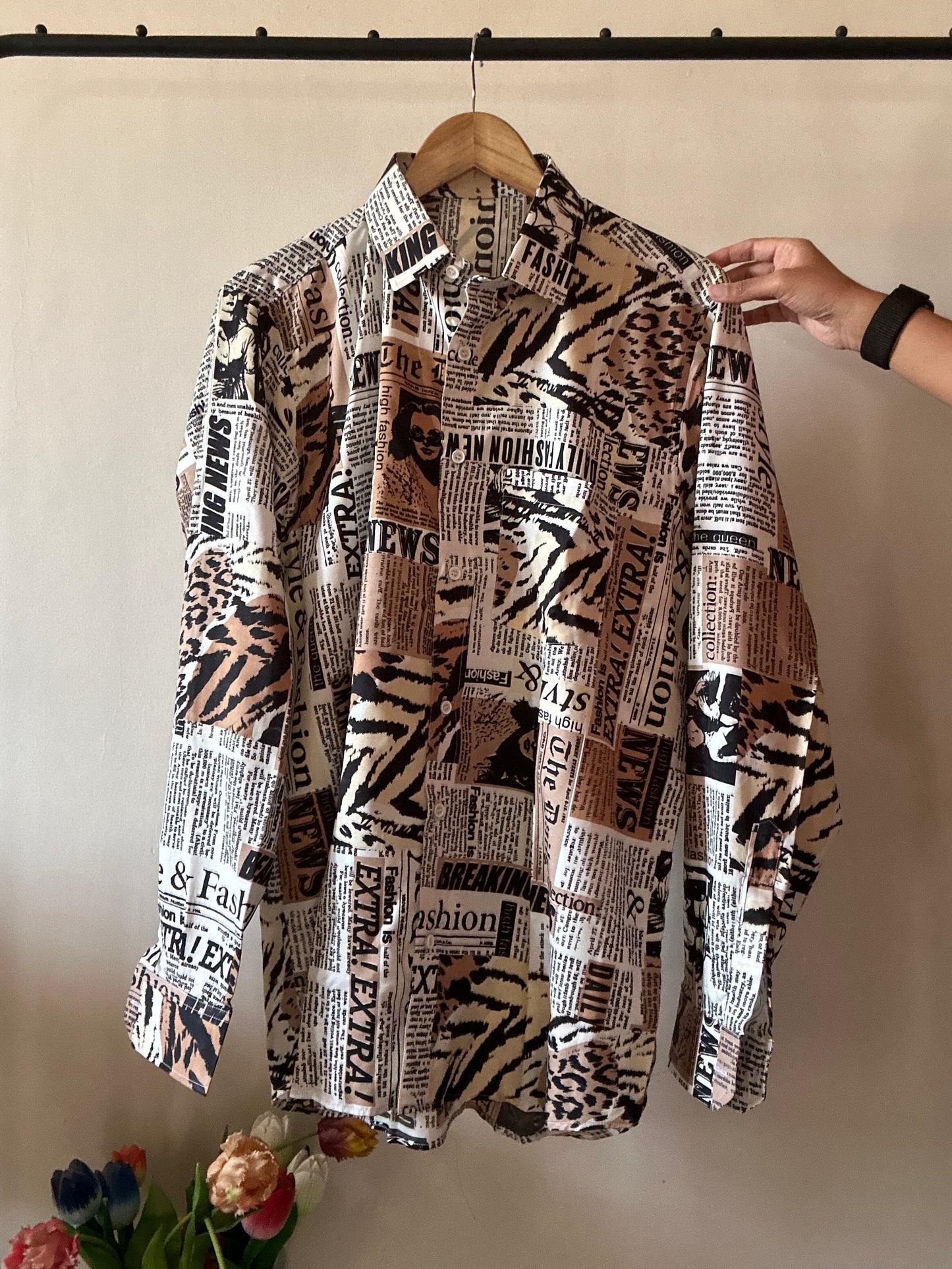 Madam Newspaper Retro Print Satin Shirt