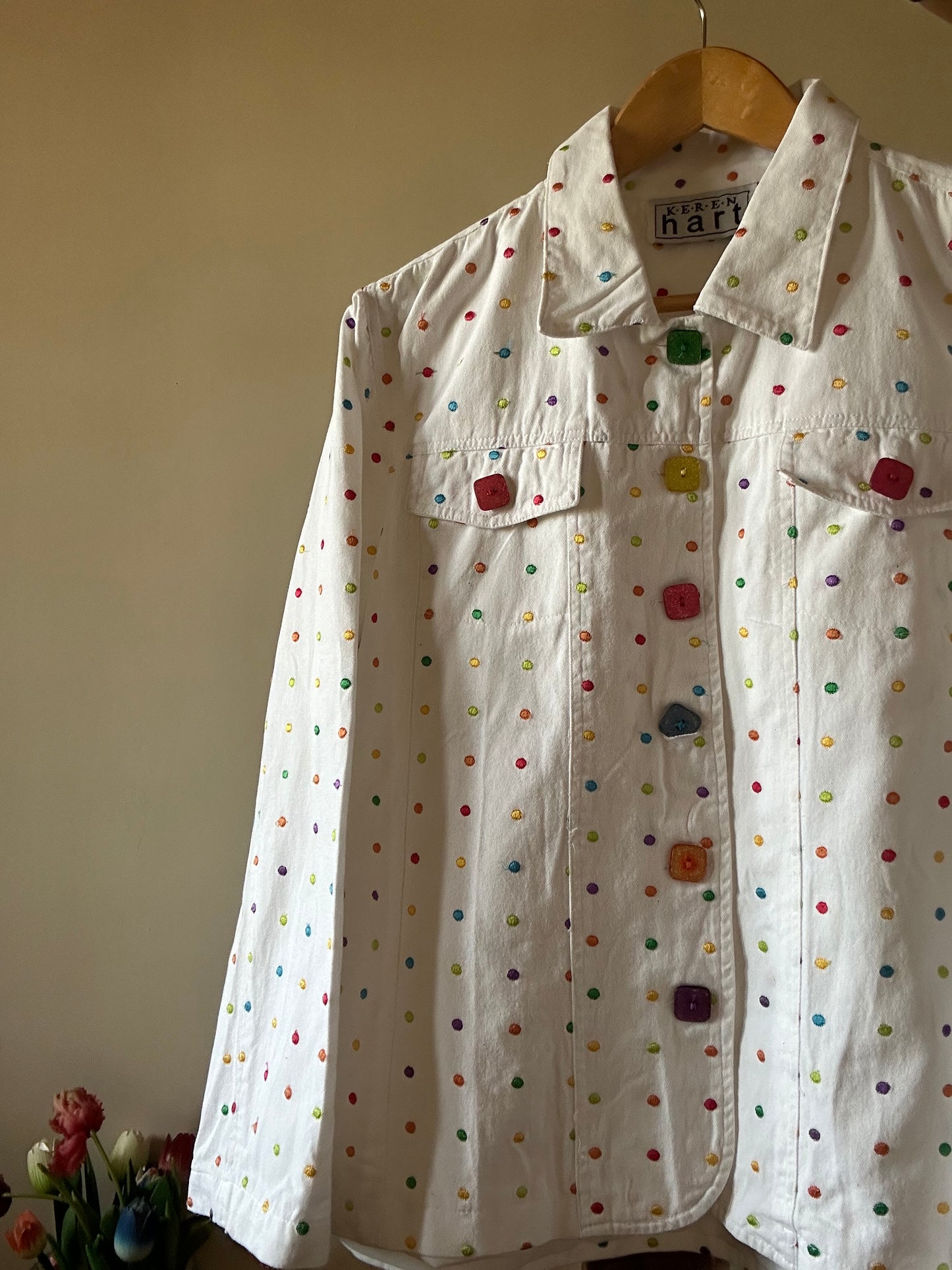 Keren Hart Vintage Denim All Over Colourful Polka Dots Embroidered Shaket