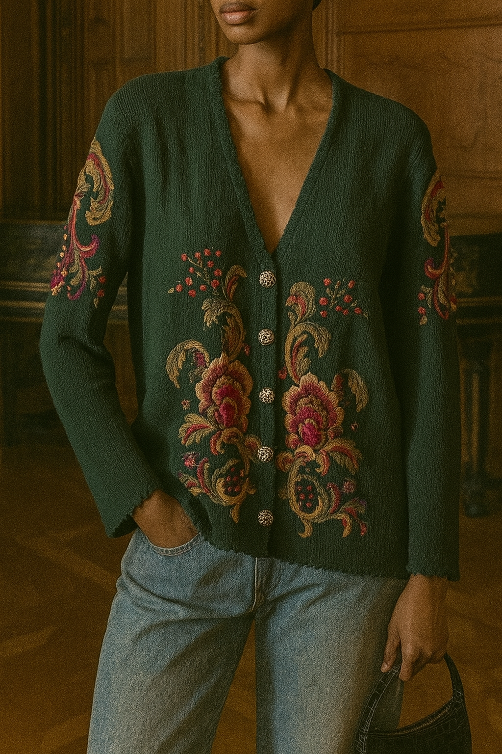 Susan Bristol Vintage Hand Embroidered Knit Cardigan