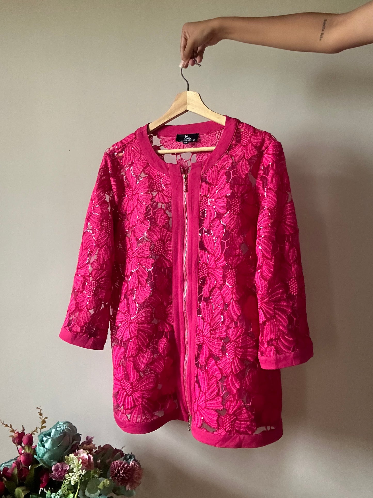 Al Paradise Vintage Zipper All Over Embroidered and Sequenced Sheer Shaket