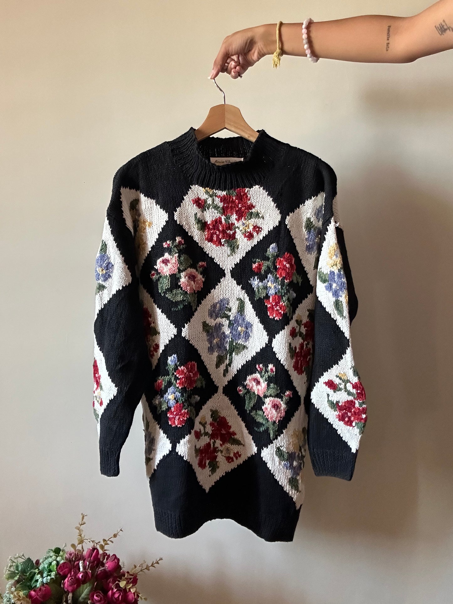 Marisa Christina Vintage Hand Knit Floral Pullover