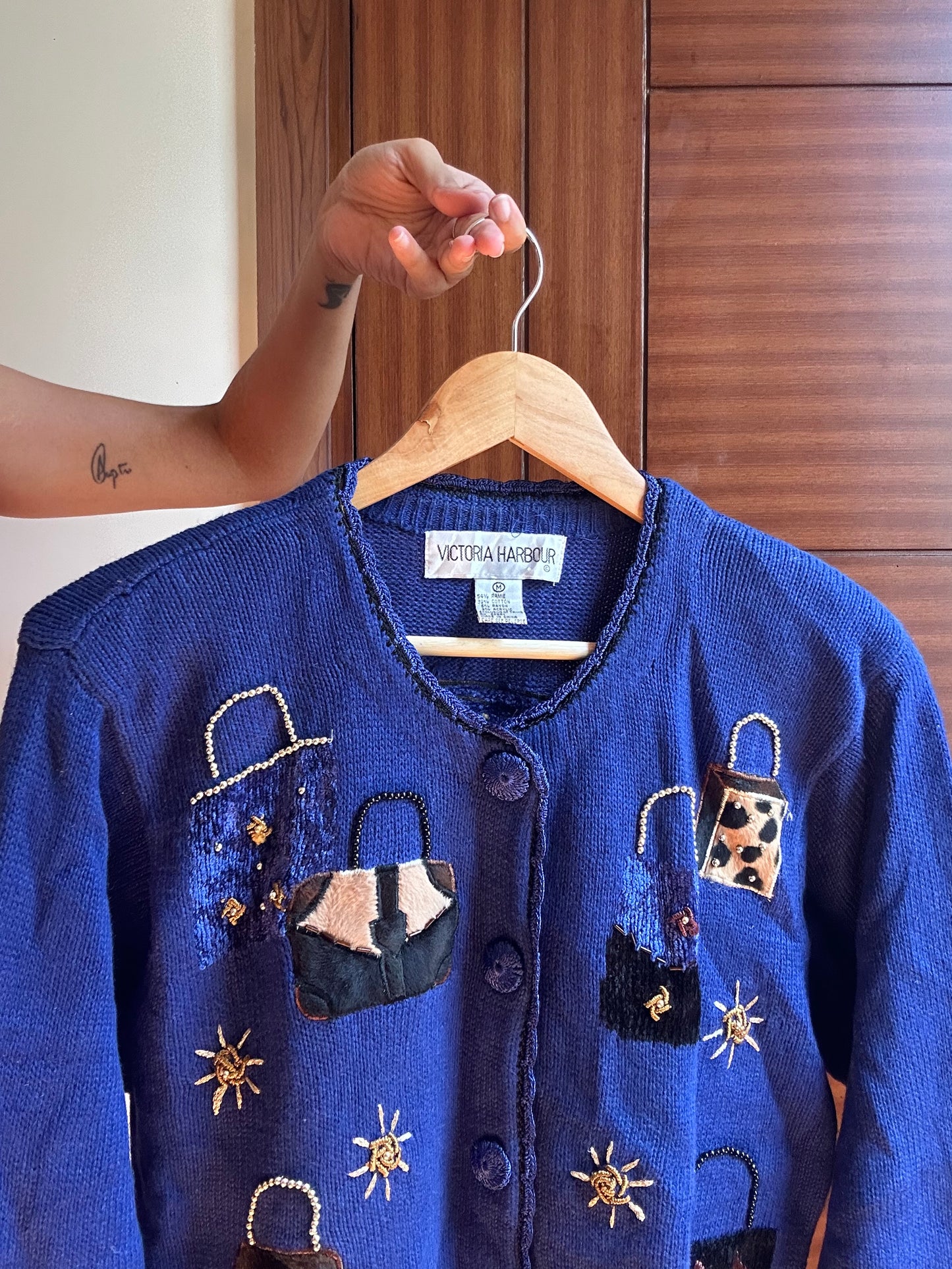 Victoria Harbour Vintage Knit Cardigan with Patchwork and Beads