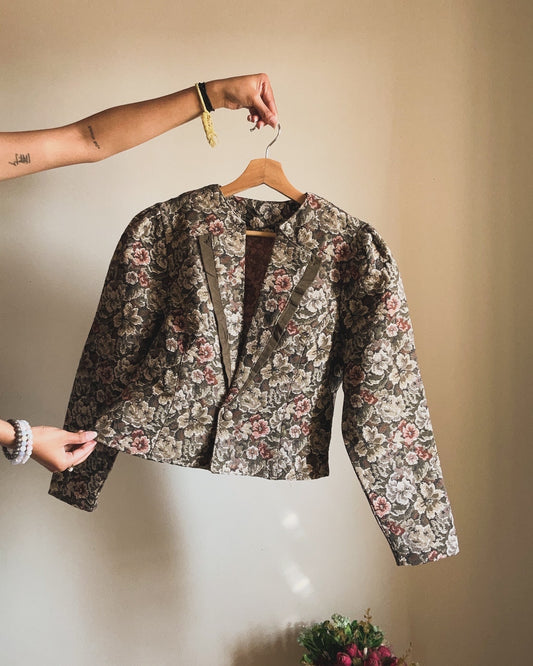 Vintage Floral Suede Collar Detail Cropped Slightly Puff Sleeve Blazer