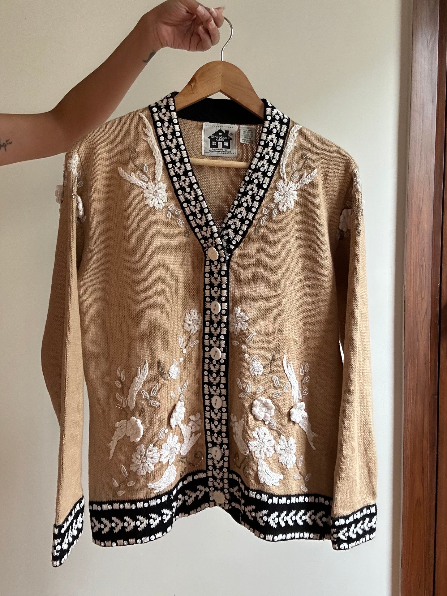 Vintage Story Book Knits Embroidered, Beaded Knit Cardigan