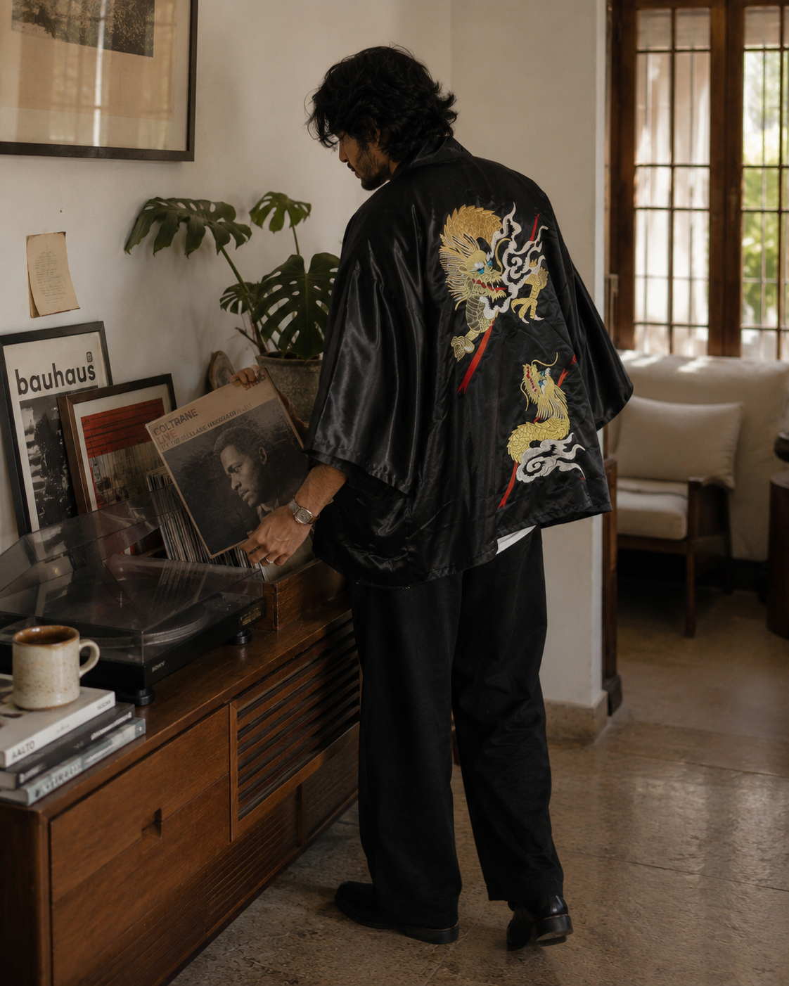Vintage Black Dragon Embroidered Silk Kimono