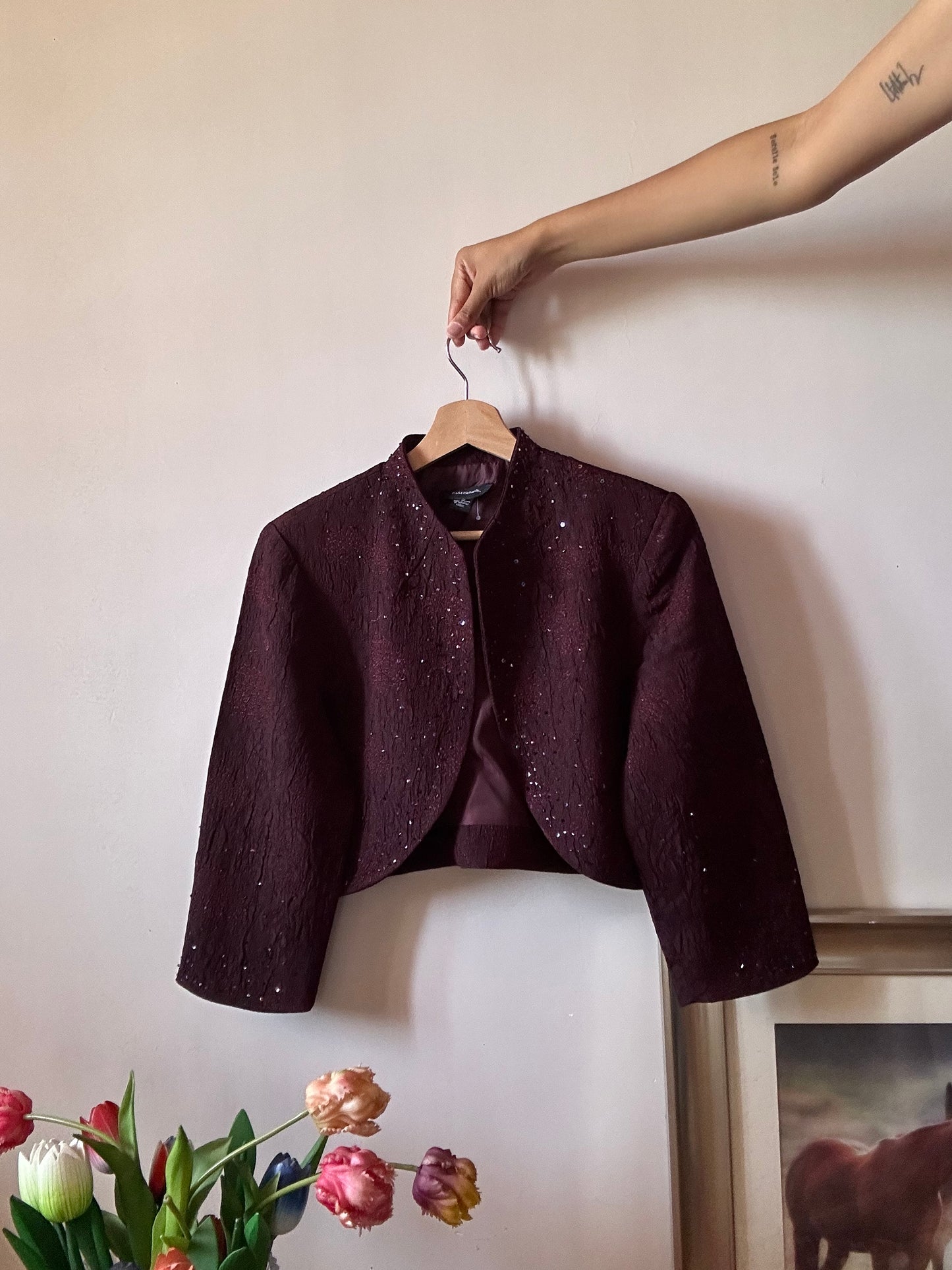 R&M Richards Vintage Cropped Front Open Beaded Textured Jacket