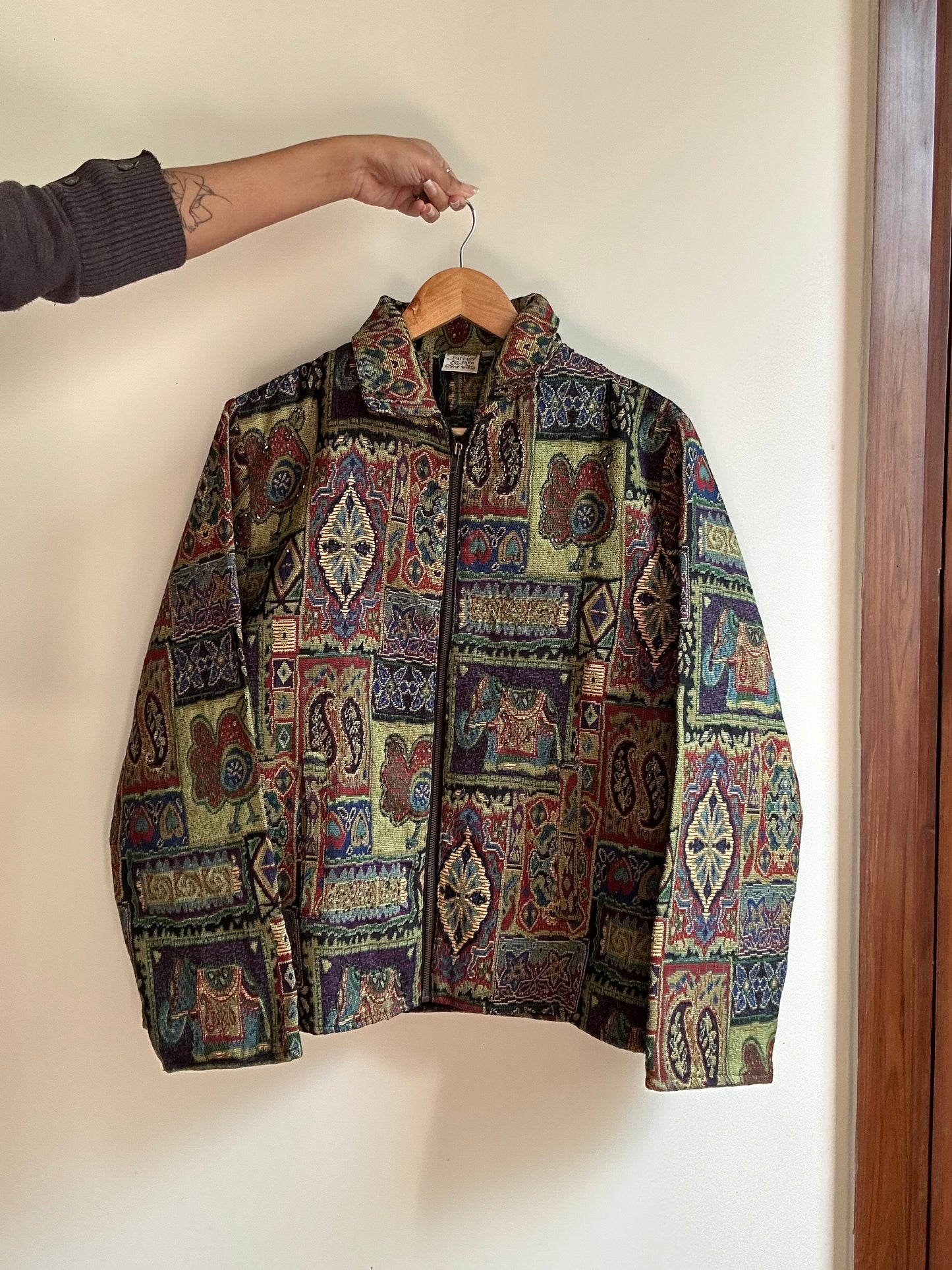 Vintage Parsley and Sage Weaved Jacquard Beaded Jacket