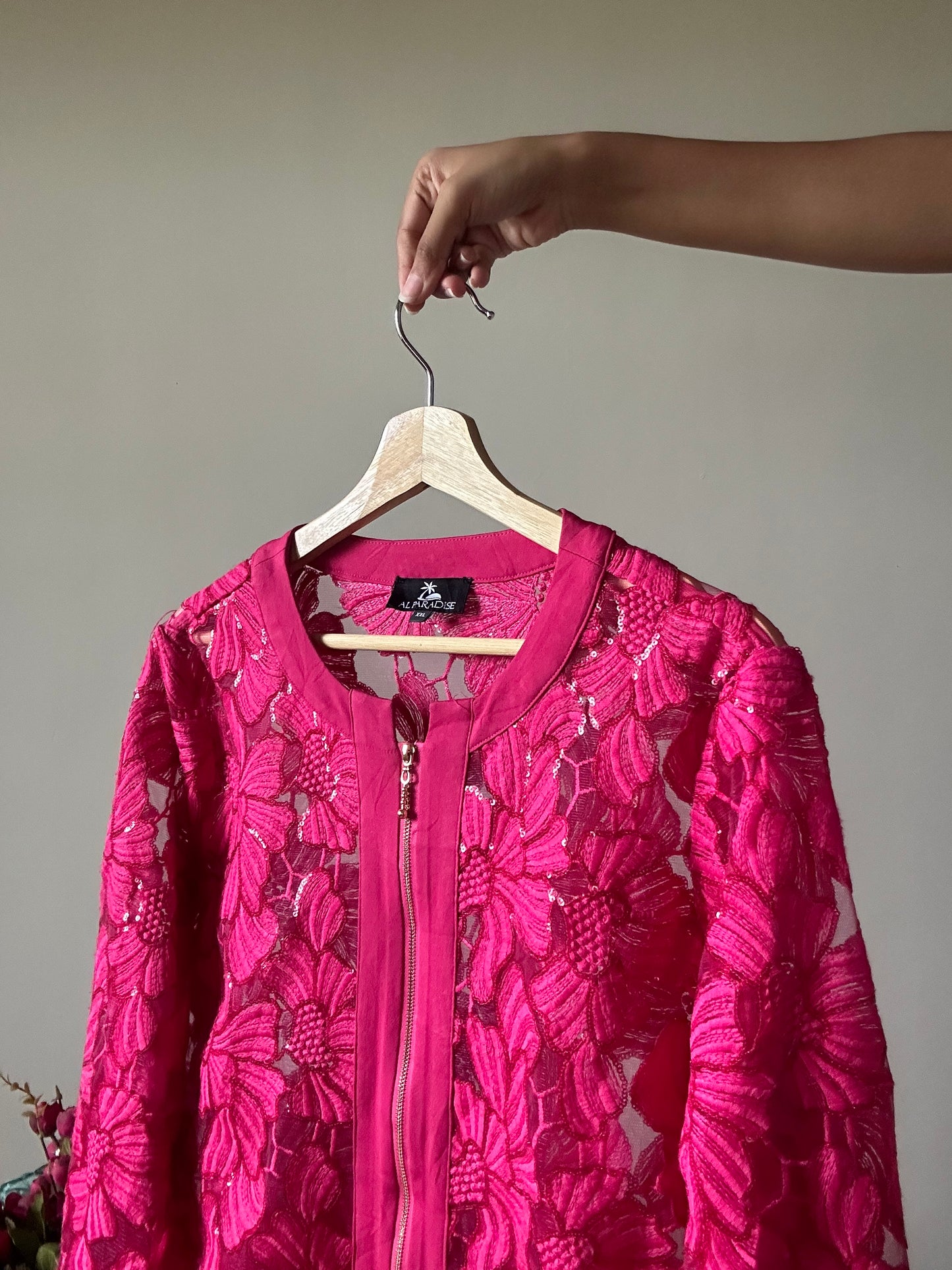 Al Paradise Vintage Zipper All Over Embroidered and Sequenced Sheer Shaket