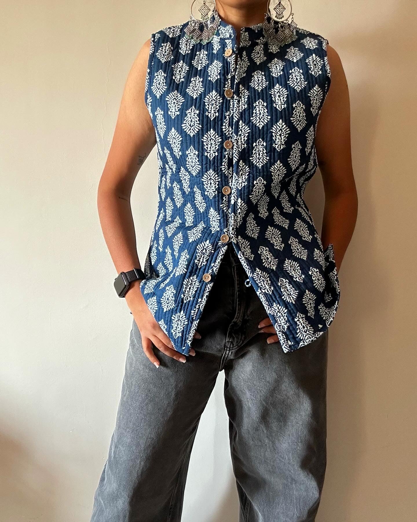 Cotton Quilted Reversible Classic Floral Indigo Vest