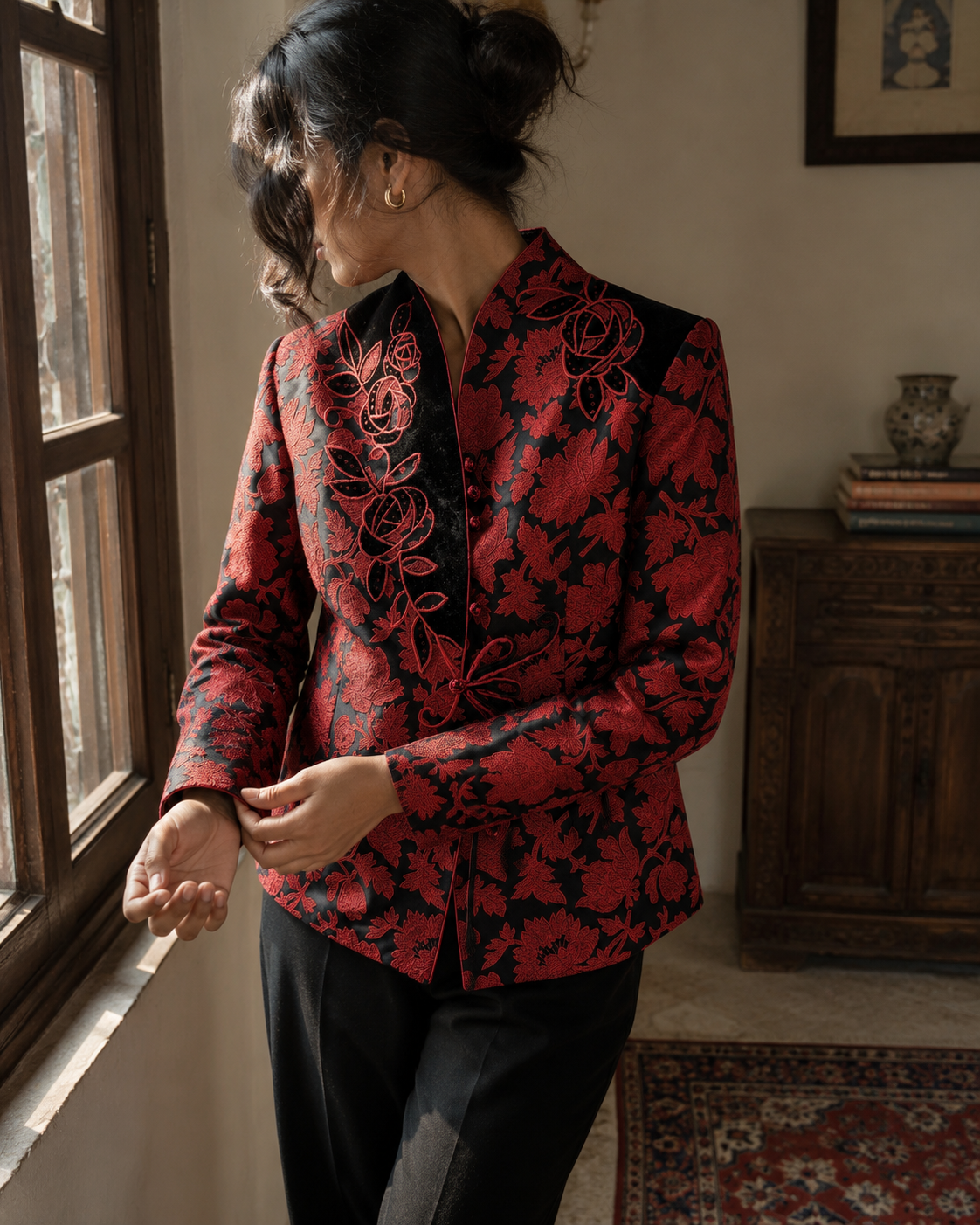 Vintage Midnight Bloom Embroidered Mandarin Jacket
