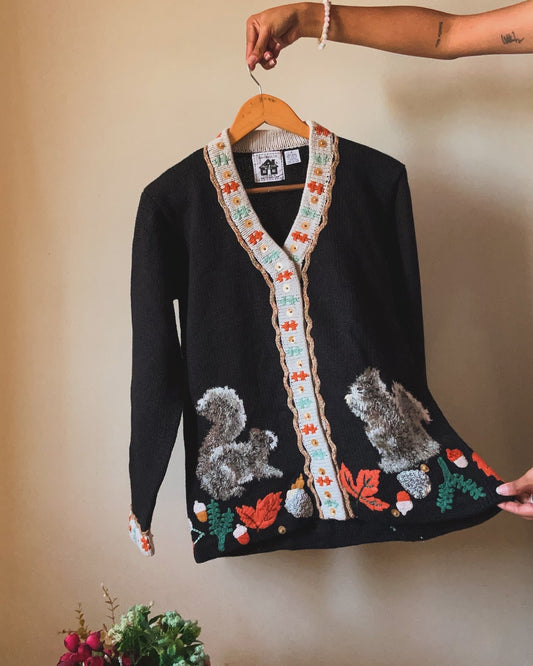 Vintage Handknits By Storybook Knits Squirrel Maple Embroidered and Beaded Cardigan