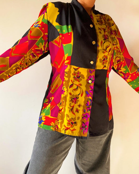 Vintage Yakleng Abstract Print Shirt With Antique Metal Buttons