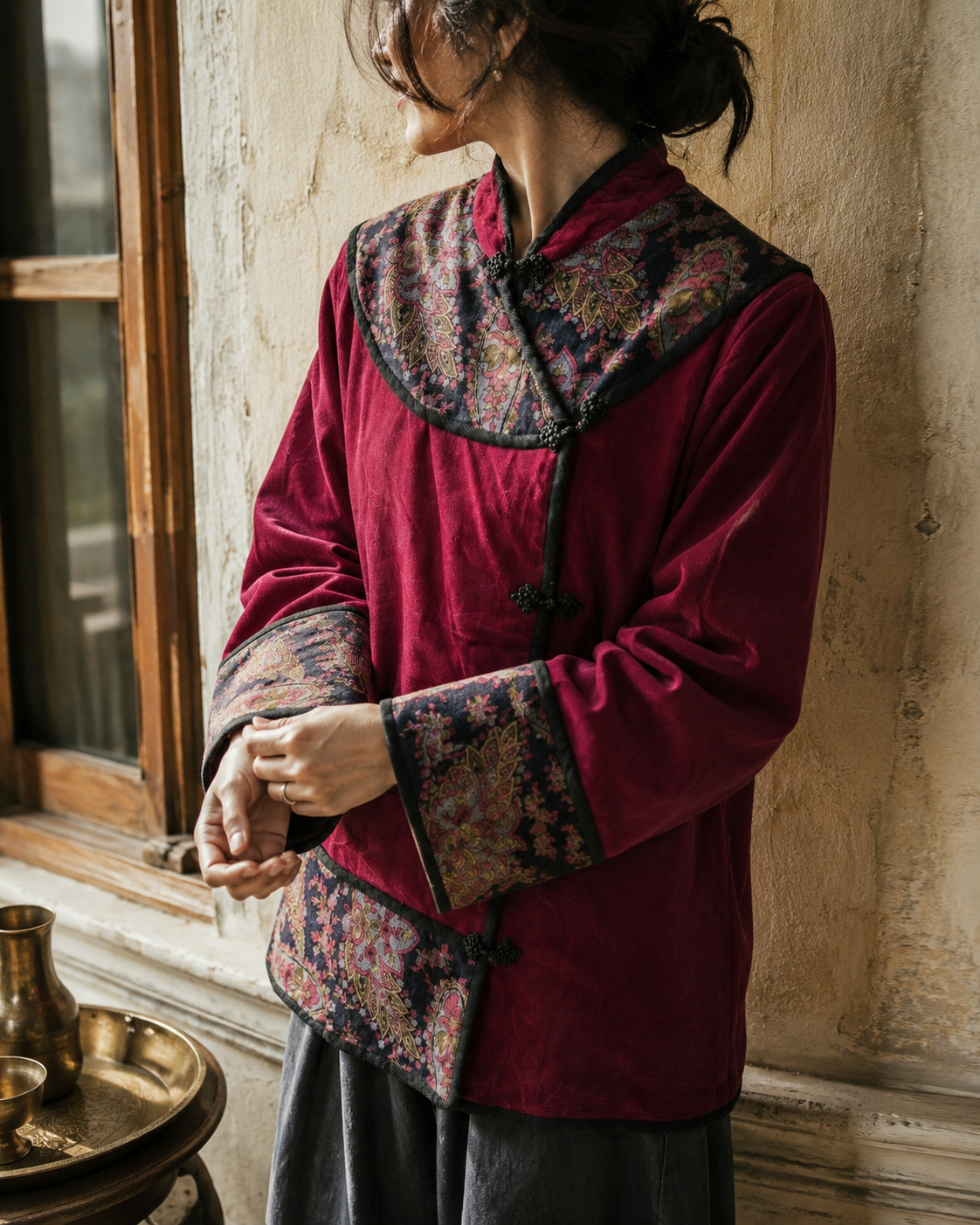 Vintage Chinese Inspired Brocade Trim Jacket