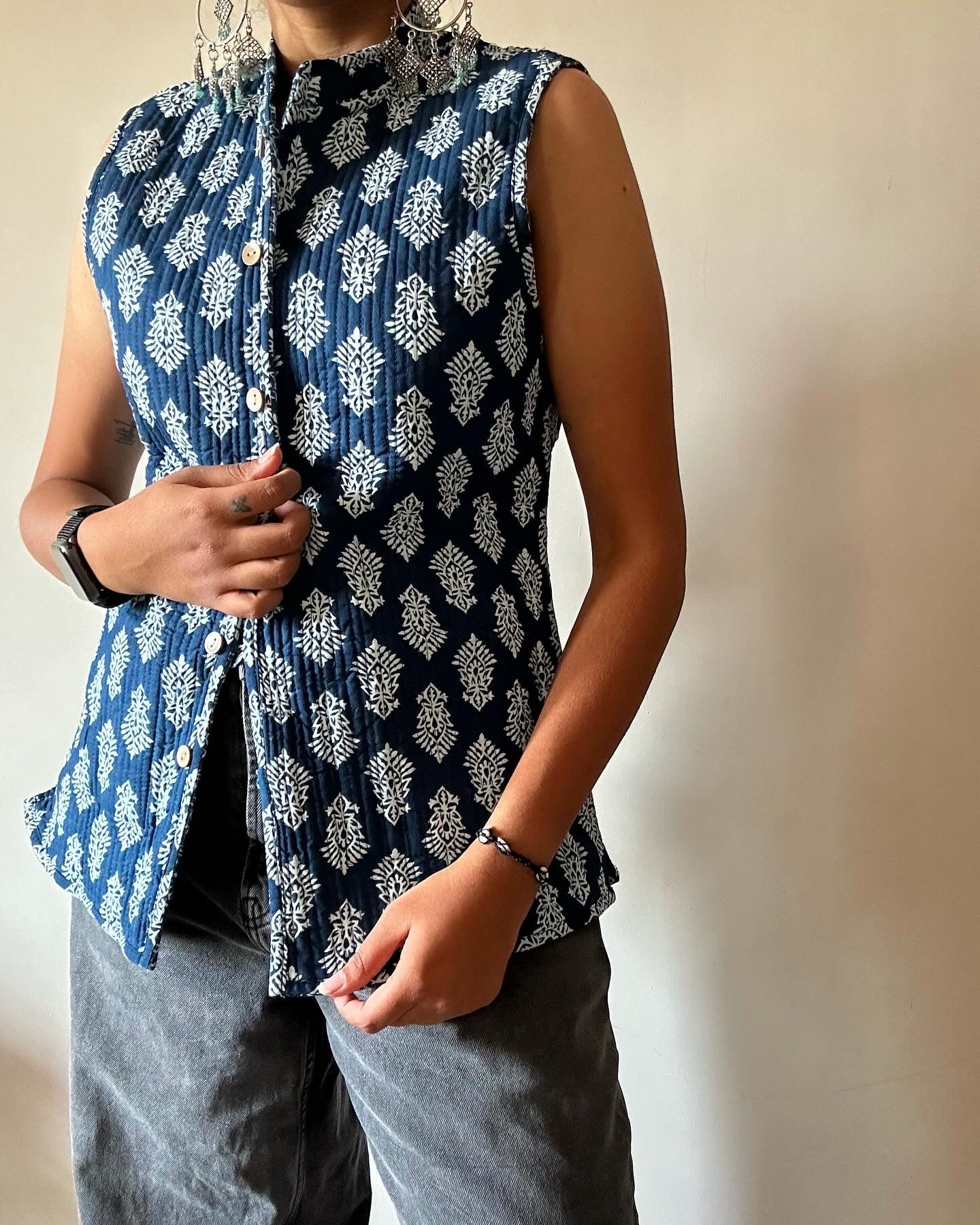 Cotton Quilted Reversible Classic Floral Indigo Vest