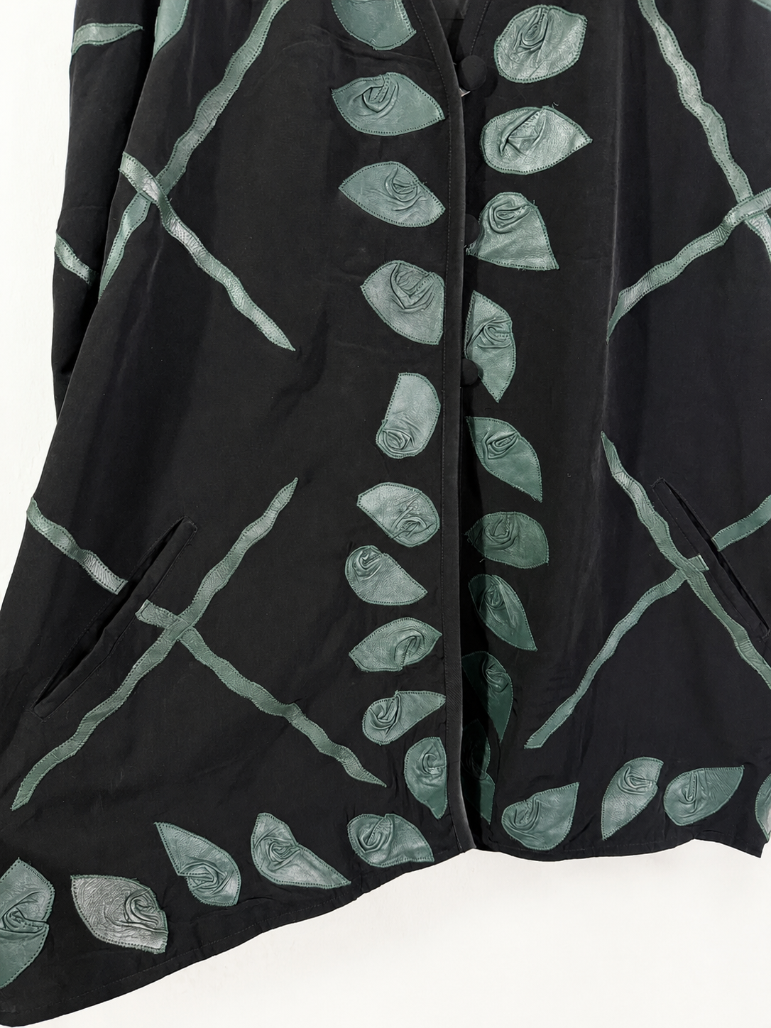 Vintage Black Handcrafted Leaf Appliqué Long Jacket