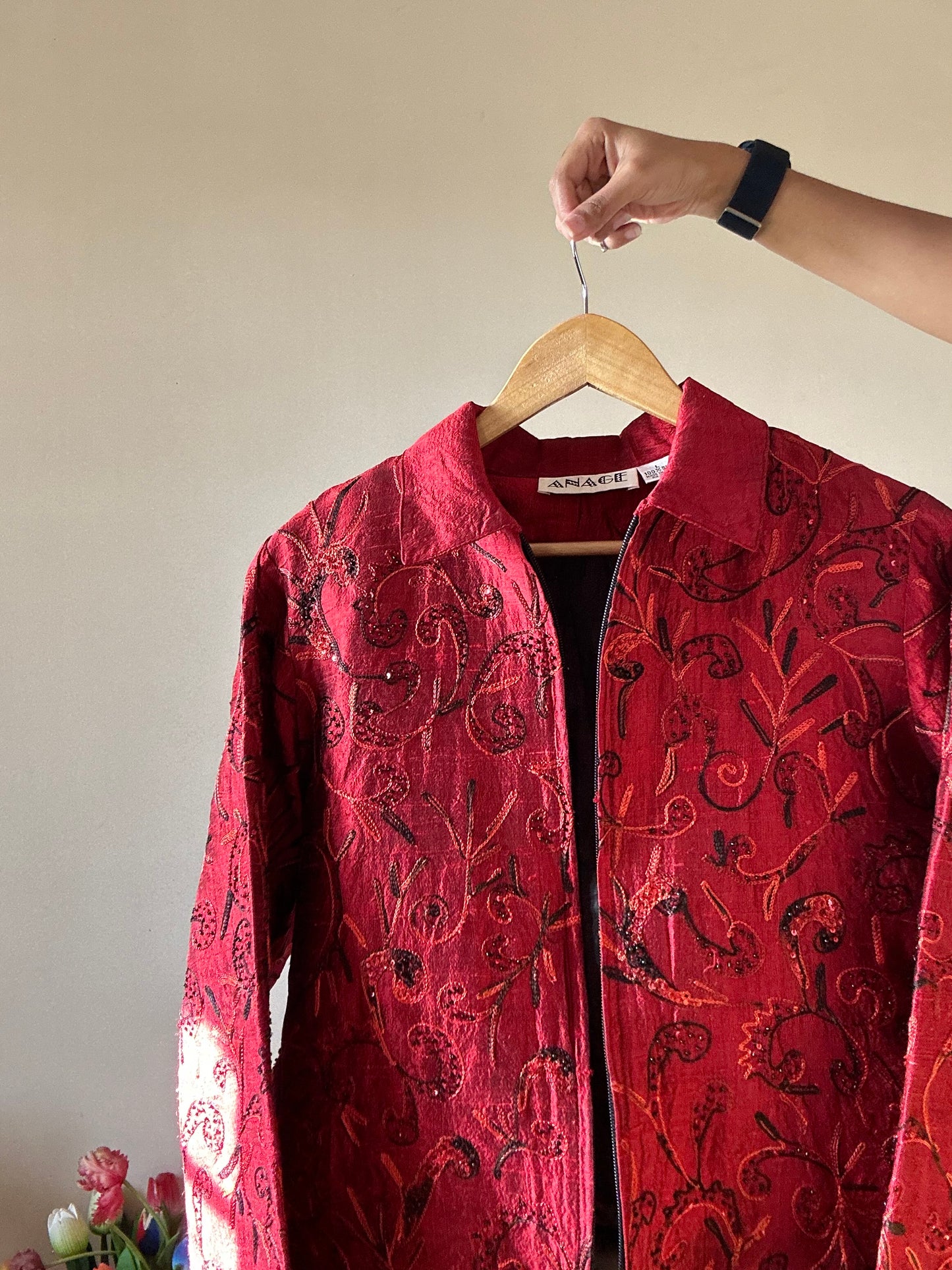 Anage Vintage Silk All Over Thread And Bead Embroidery Shaket With Front Zipper Opening