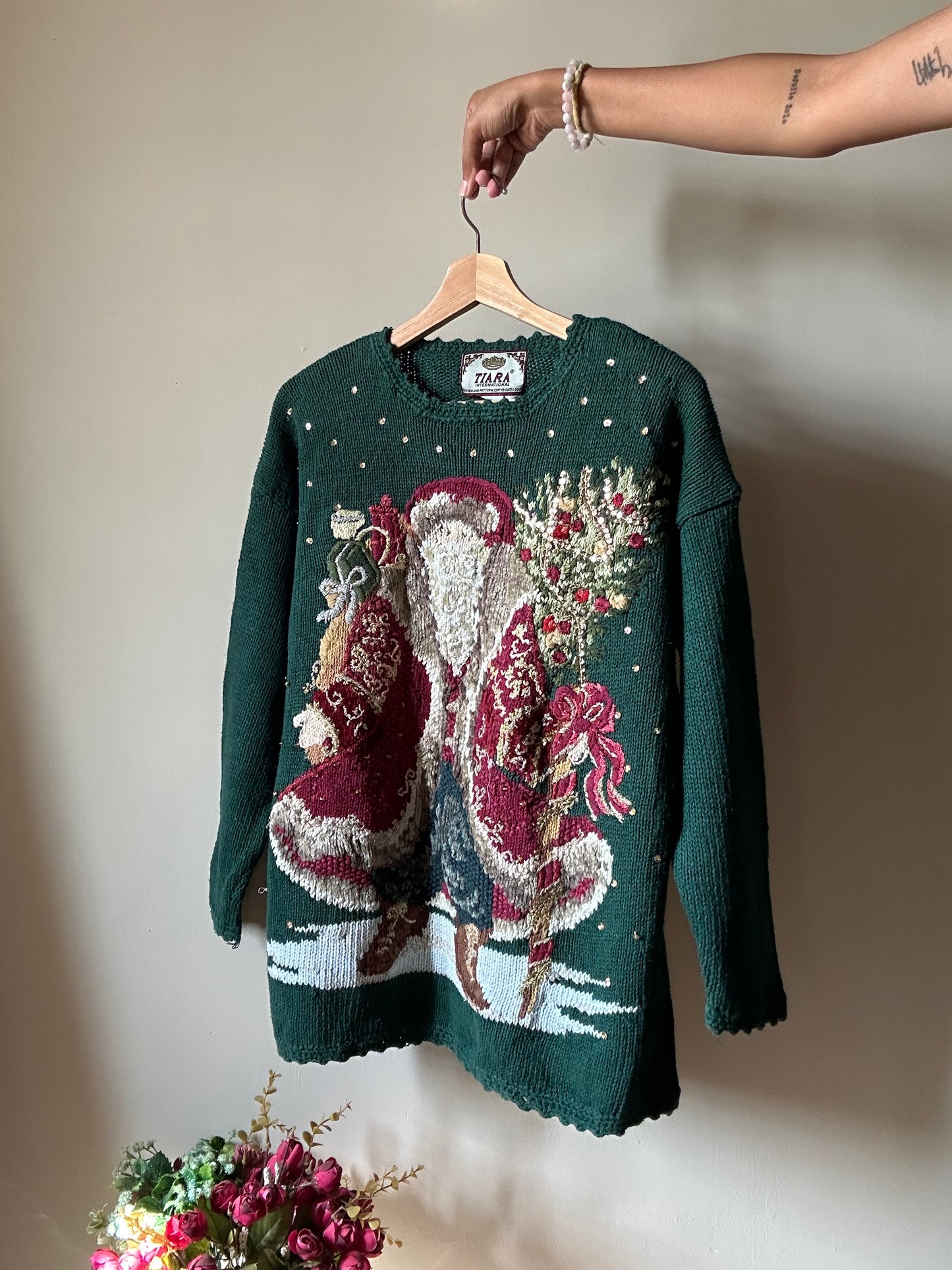 Tiara Vintage Santa Beaded and Embroidered Pullover