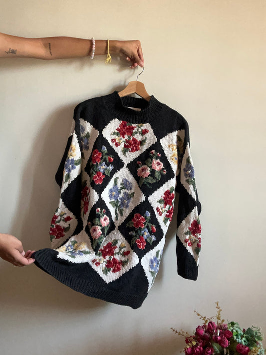 Marisa Christina Vintage Hand Knit Floral Pullover