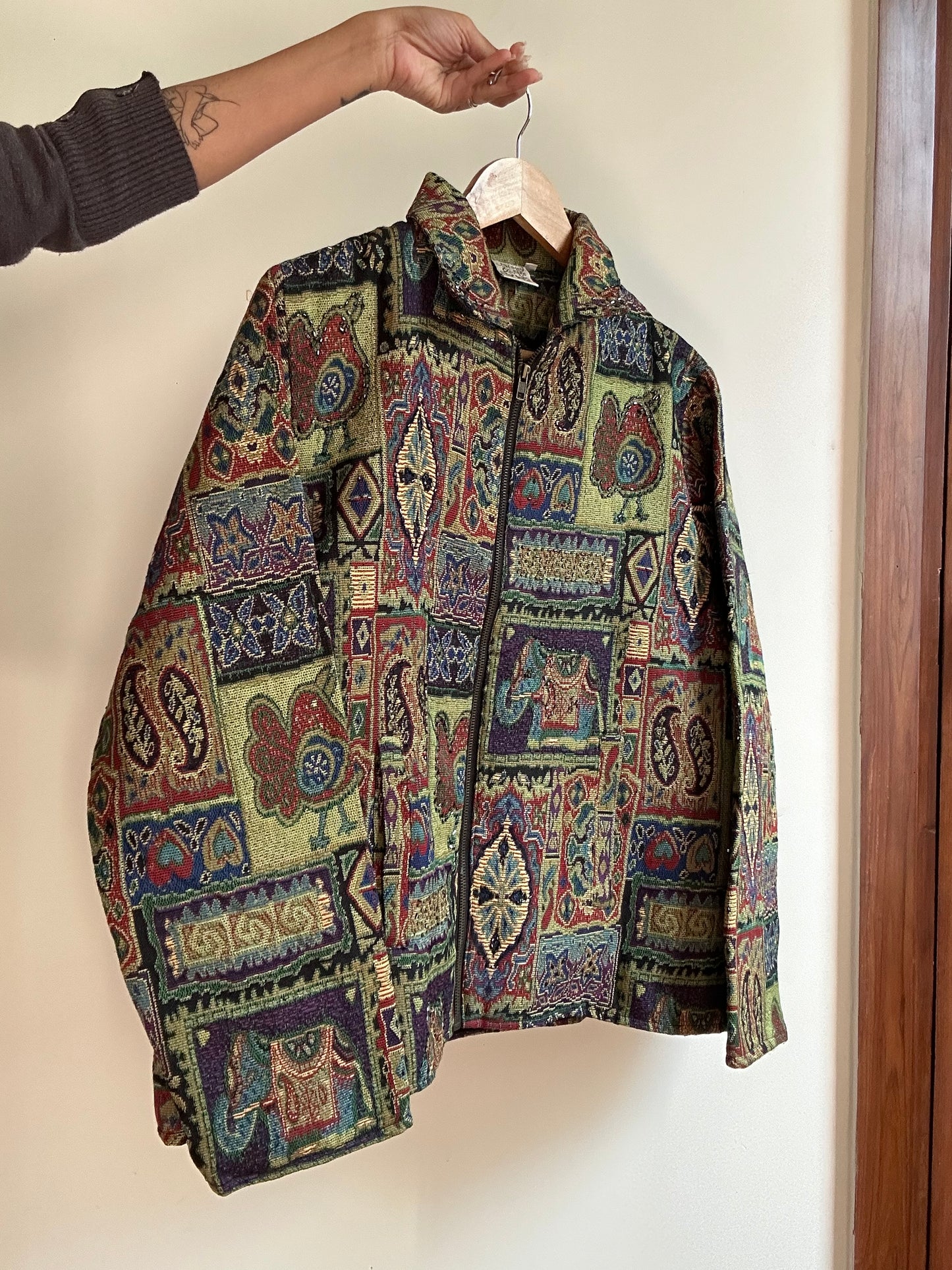 Vintage Parsley and Sage Weaved Jacquard Beaded Jacket
