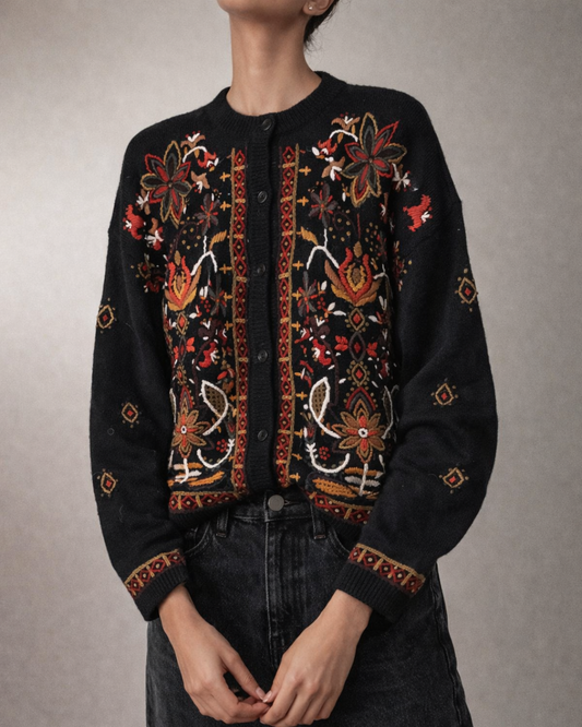 Evelyue Vintage Embroidered Knit Cardigan