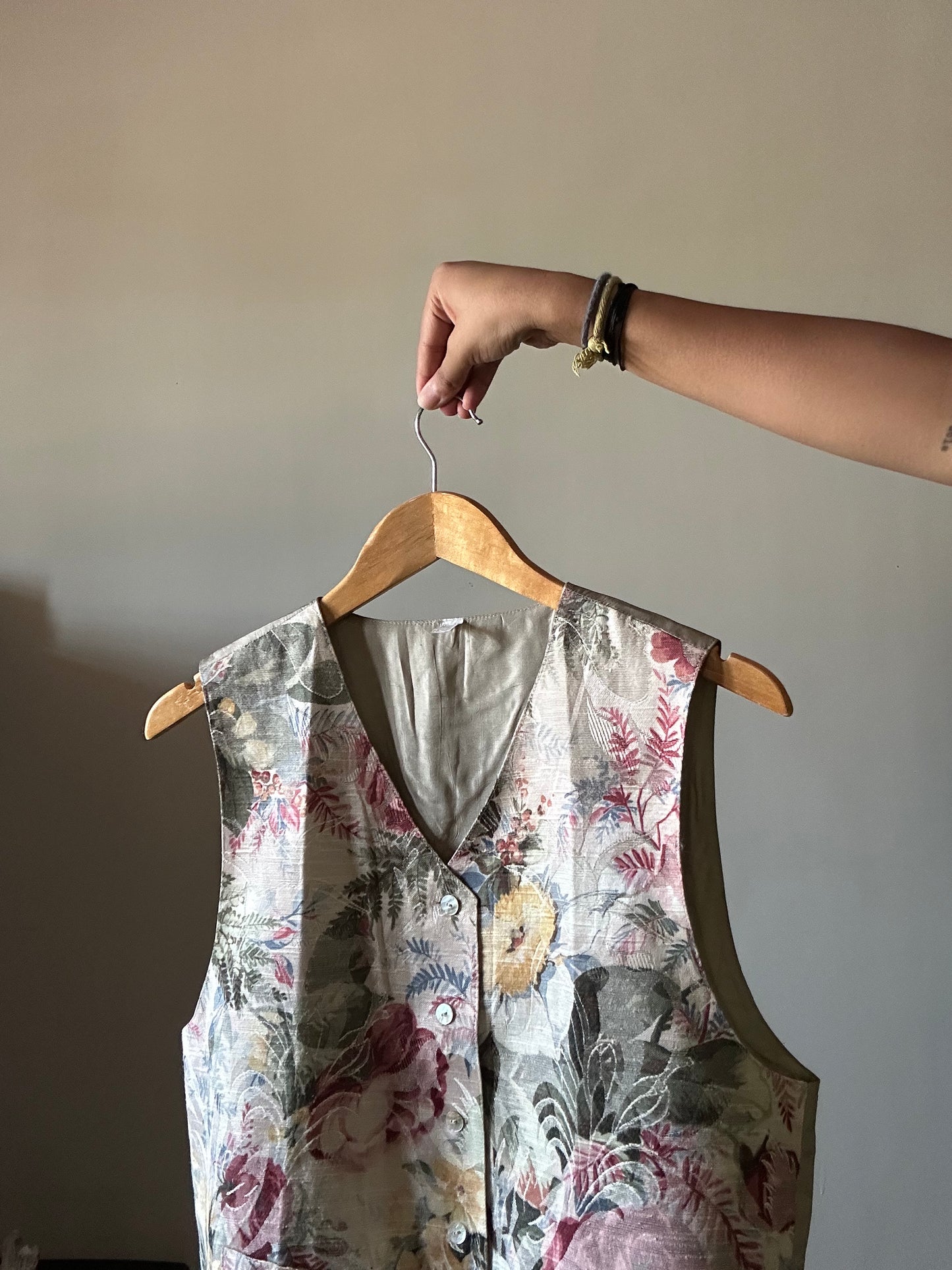 Vintage Textured and Water Colour Print Floral Vest