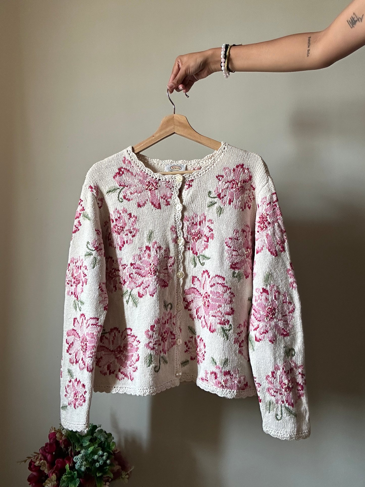 Vintage Talbots Hand Knit Floral Cardigan